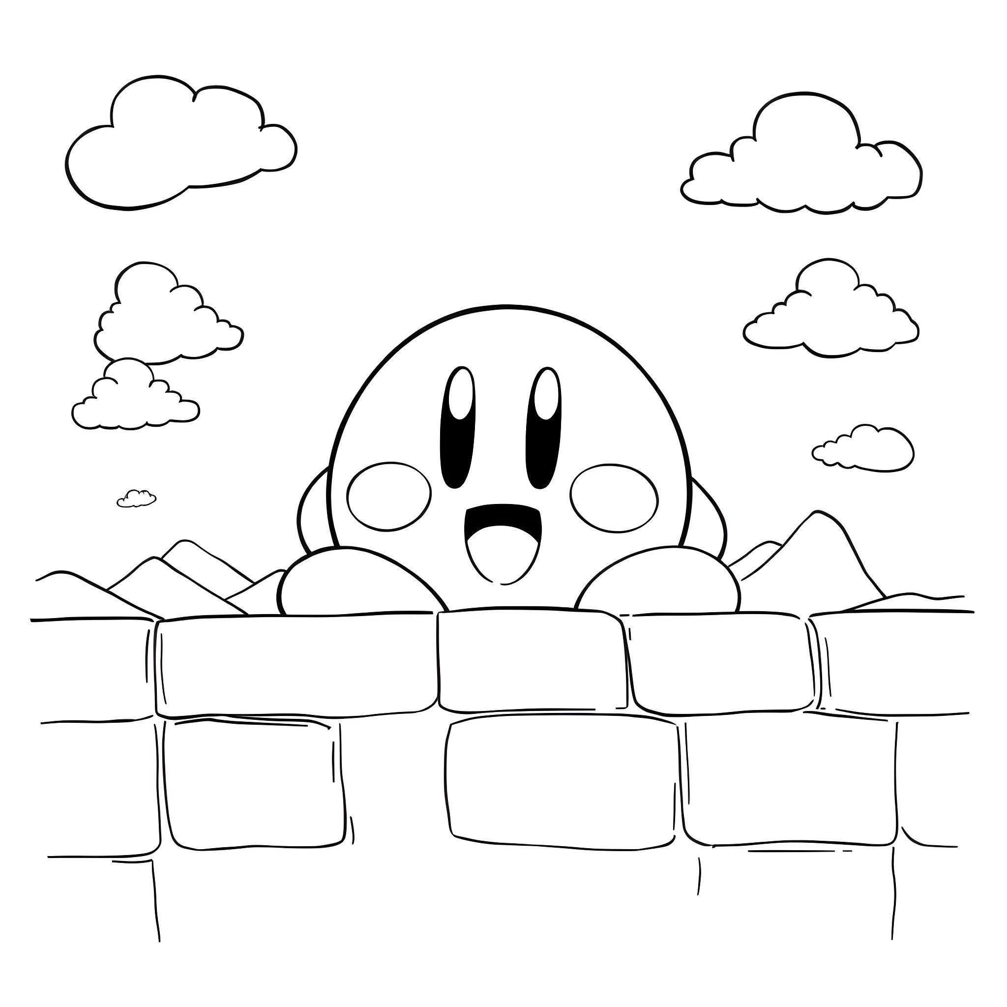 Kirby peeking out from behind rocks in a scenic landscape Coloring Page (free black-and-white line drawing printable PDF for all, from beginners to advanced learners, including children, teens, adults, and seniors)