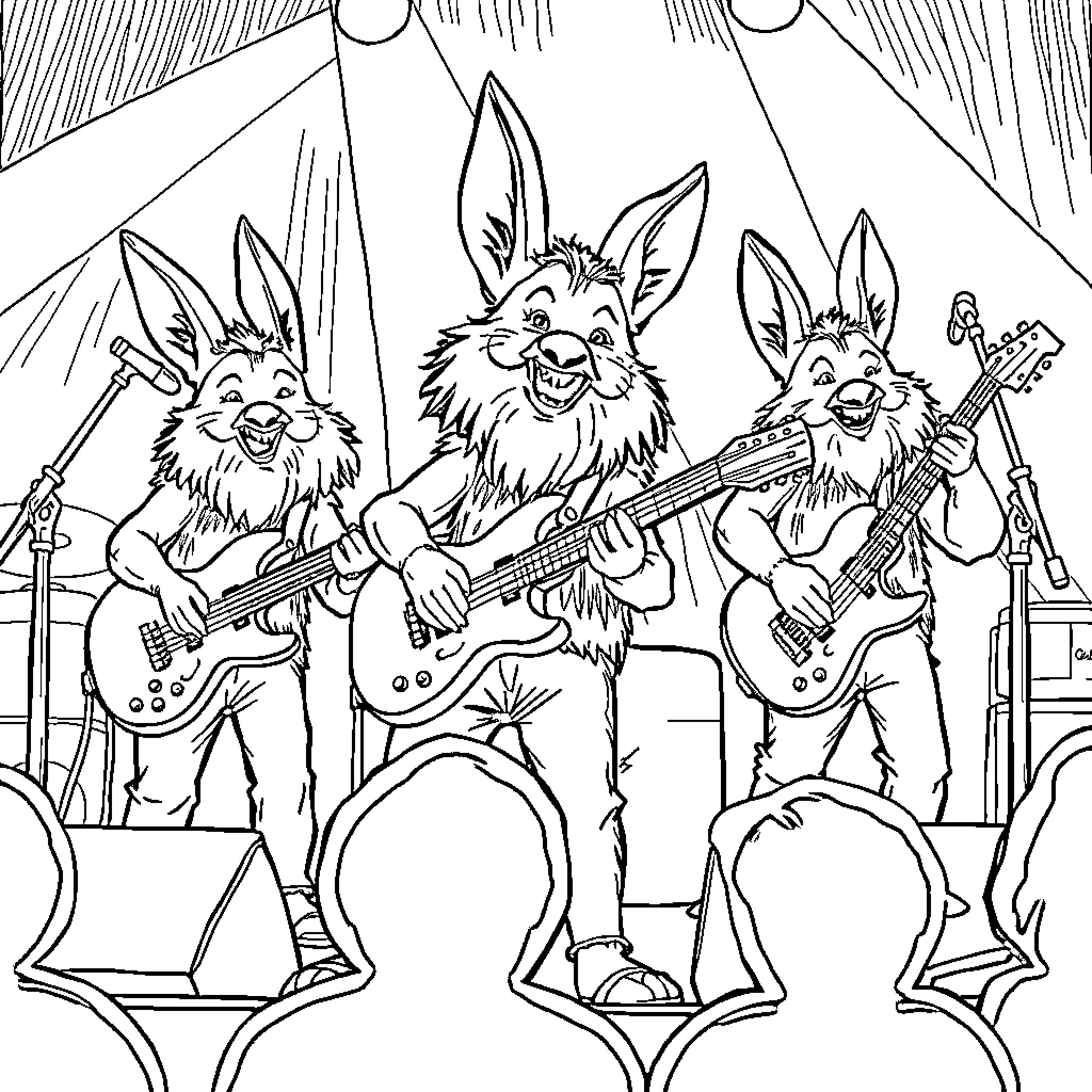 Erdmännchen performing as a rock band on stage Coloring Page (free black-and-white line drawing printable PDF for all, from beginners to advanced learners, including children, teens, adults, and seniors)