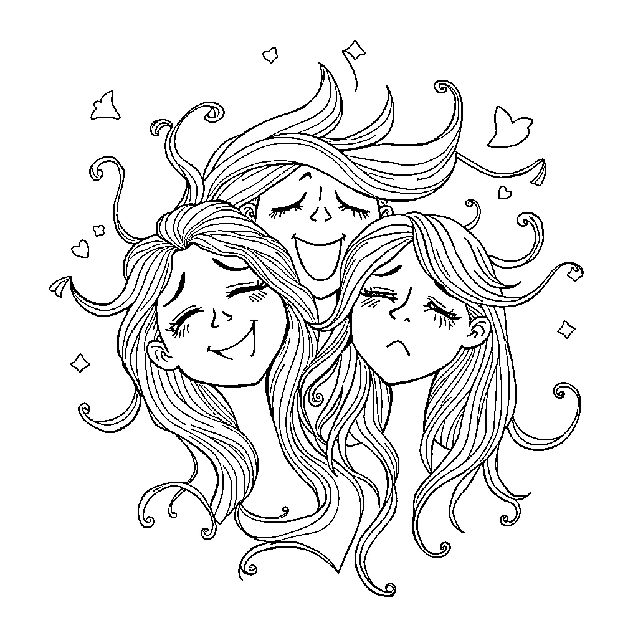 Feeling Whimsical with Flowing Hair Coloring Page (free black-and-white line drawing printable PDF for all, from beginners to advanced learners, including children, teens, adults, and seniors)