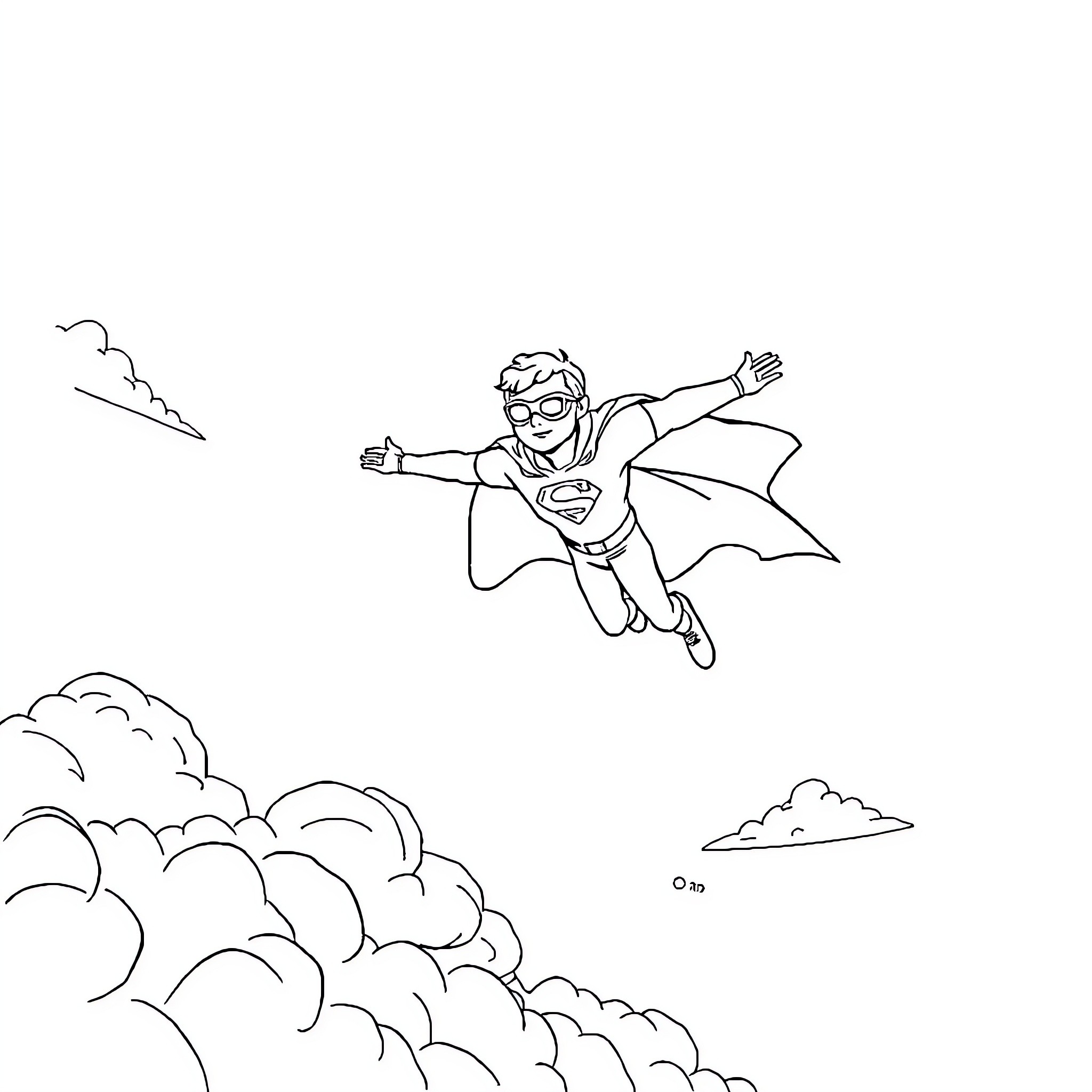 Superhero soaring through the skies Coloring Page (free black-and-white line drawing printable PDF for all, from beginners to advanced learners, including children, teens, adults, and seniors)