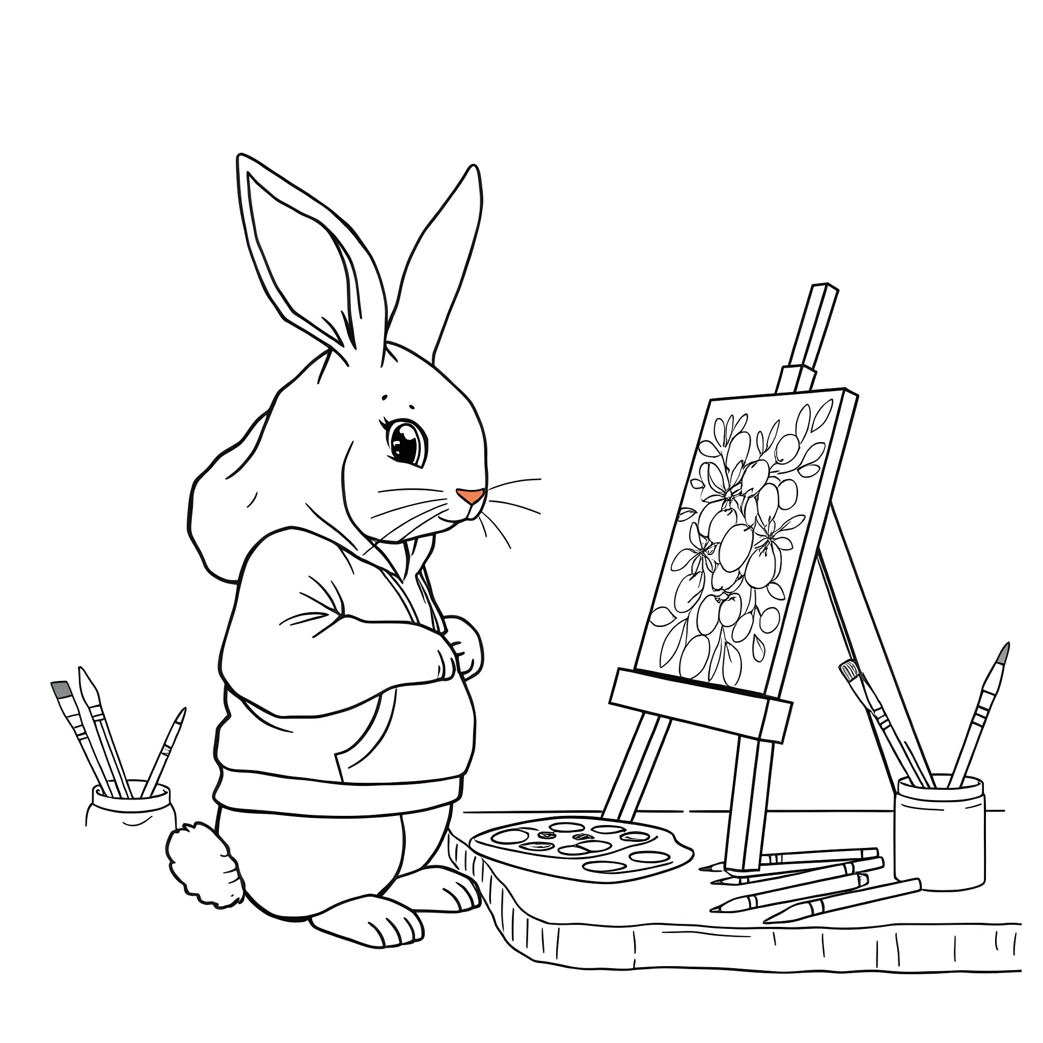 Bunny painting a floral scene Coloring Page (free black-and-white line drawing printable PDF for all, from beginners to advanced learners, including children, teens, adults, and seniors)