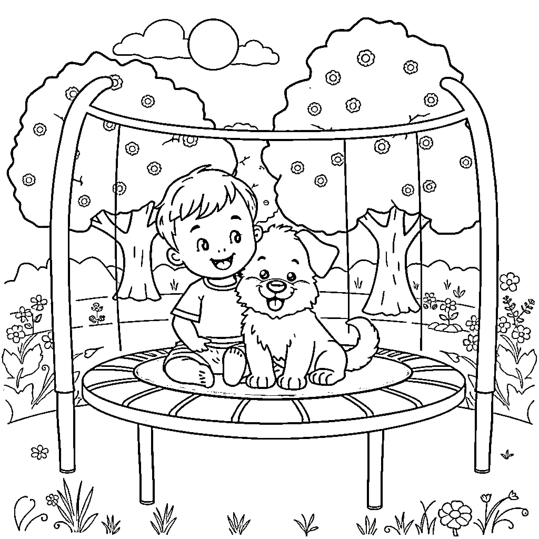 Baby playing with pet on swinging platform Coloring Page (free black-and-white line drawing printable PDF for all, from beginners to advanced learners, including children, teens, adults, and seniors)
