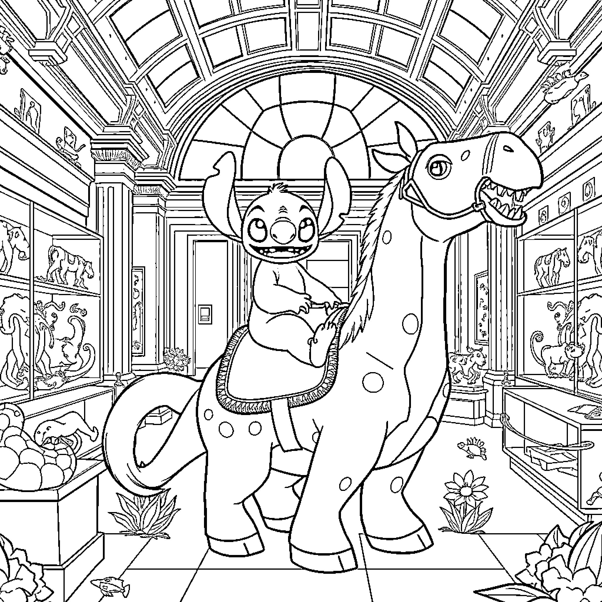 Stitch riding a dinosaur in a magical palace Coloring Page (free black-and-white line drawing printable PDF for all, from beginners to advanced learners, including children, teens, adults, and seniors)