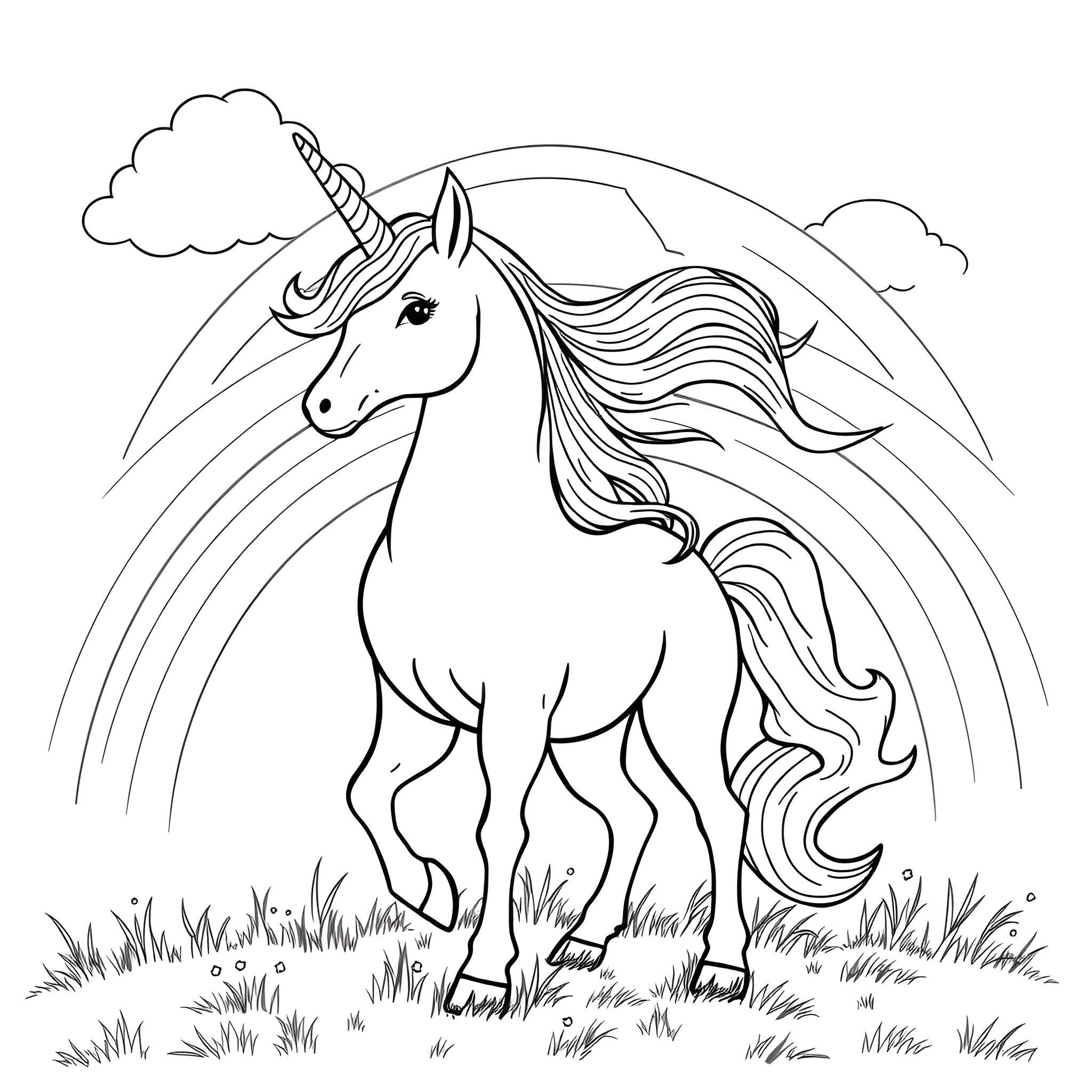 Unicorn running through a meadow with a rainbow Coloring Page (free black-and-white line drawing printable PDF for all, from beginners to advanced learners, including children, teens, adults, and seniors)