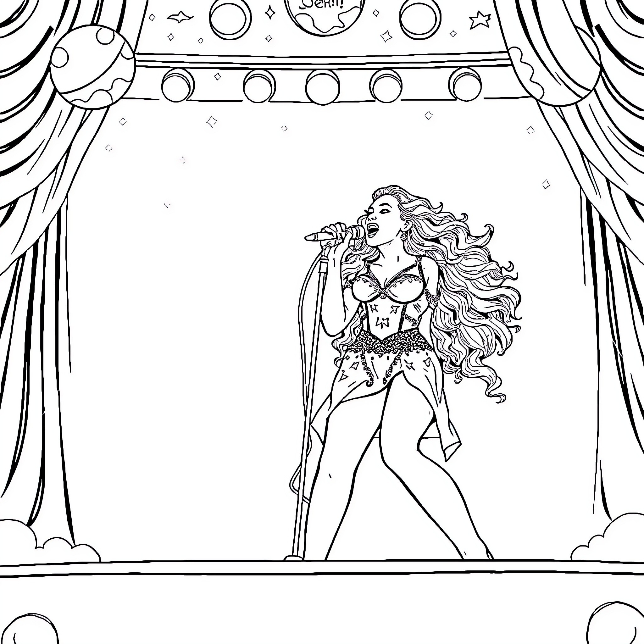 Beyonce performing on stage with glamorous outfit Coloring Page (free black-and-white line drawing printable PDF for all, from beginners to advanced learners, including children, teens, adults, and seniors)
