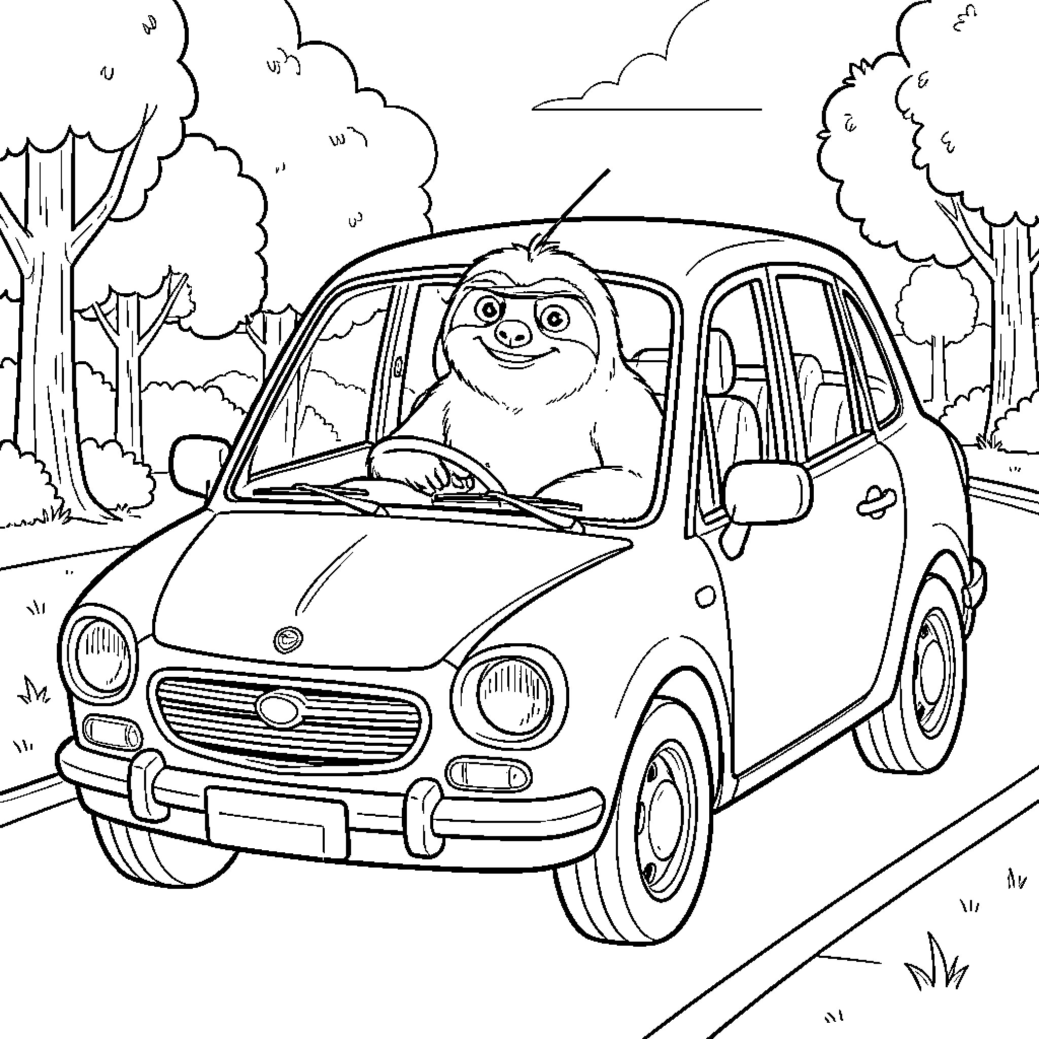 Flash Sloth Drives Through Scenic Landscape Coloring Page (free black-and-white line drawing printable PDF for all, from beginners to advanced learners, including children, teens, adults, and seniors)