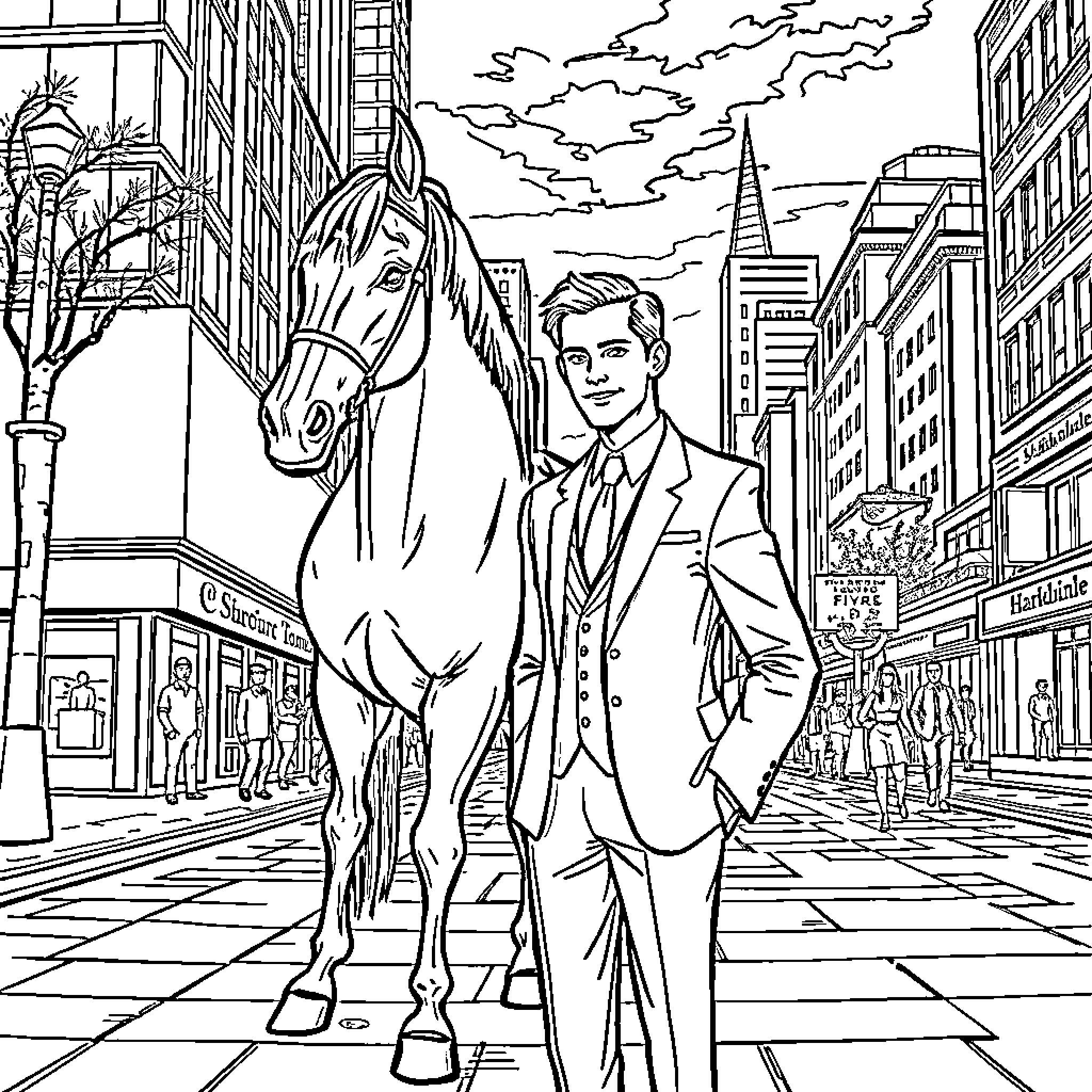 Horse and businessman on city street Coloring Page (free black-and-white line drawing printable PDF for all, from beginners to advanced learners, including children, teens, adults, and seniors)