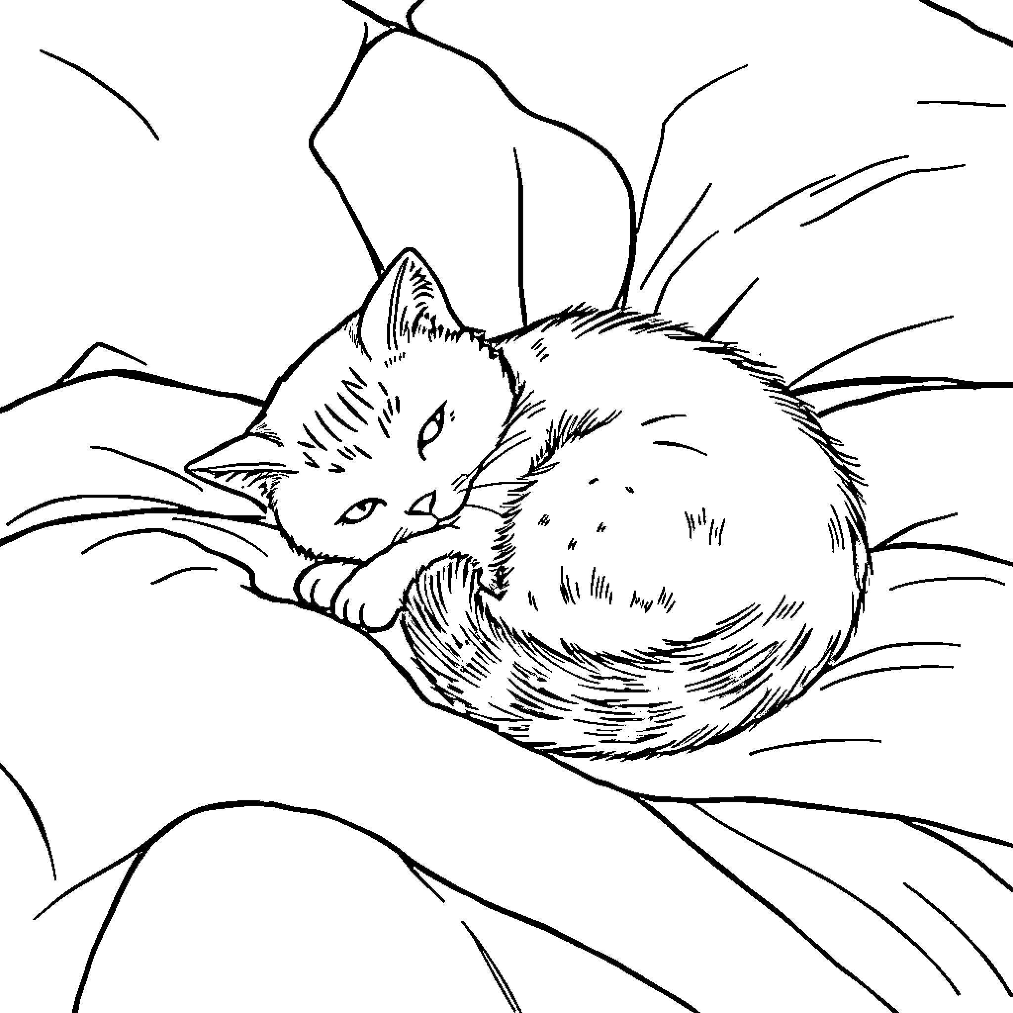 Cat napping in a cozy nest Coloring Page (free black-and-white line drawing printable PDF for all, from beginners to advanced learners, including children, teens, adults, and seniors)