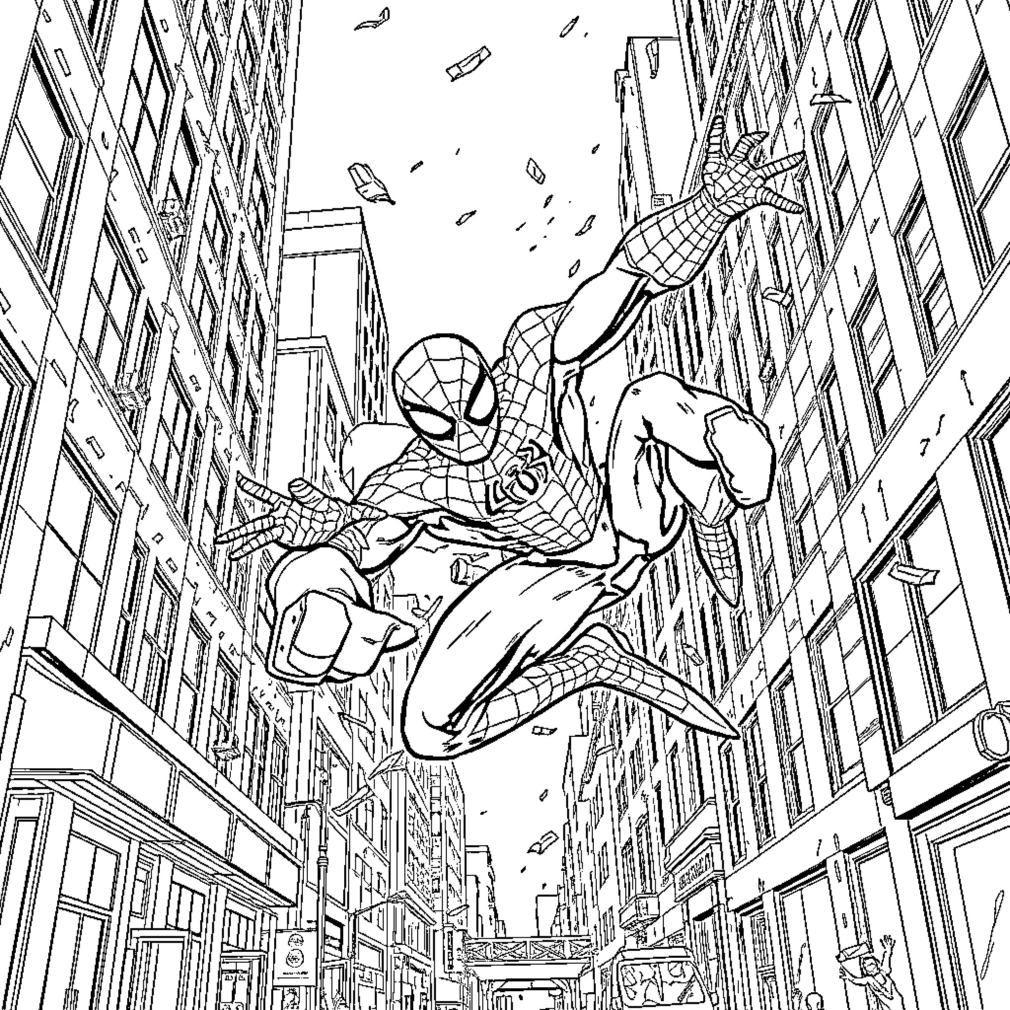 Spiderman swinging through the city skyline Coloring Page (free black-and-white line drawing printable PDF for all, from beginners to advanced learners, including children, teens, adults, and seniors)