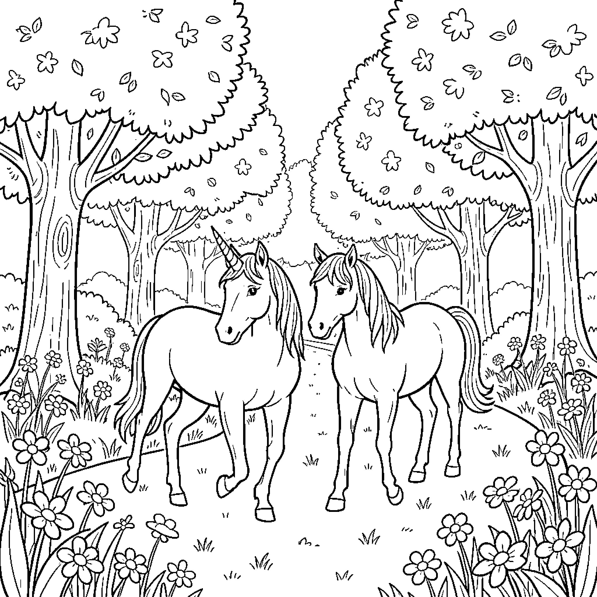 Unicorns standing together in a peaceful forest clearing Coloring Page (free black-and-white line drawing printable PDF for all, from beginners to advanced learners, including children, teens, adults, and seniors)