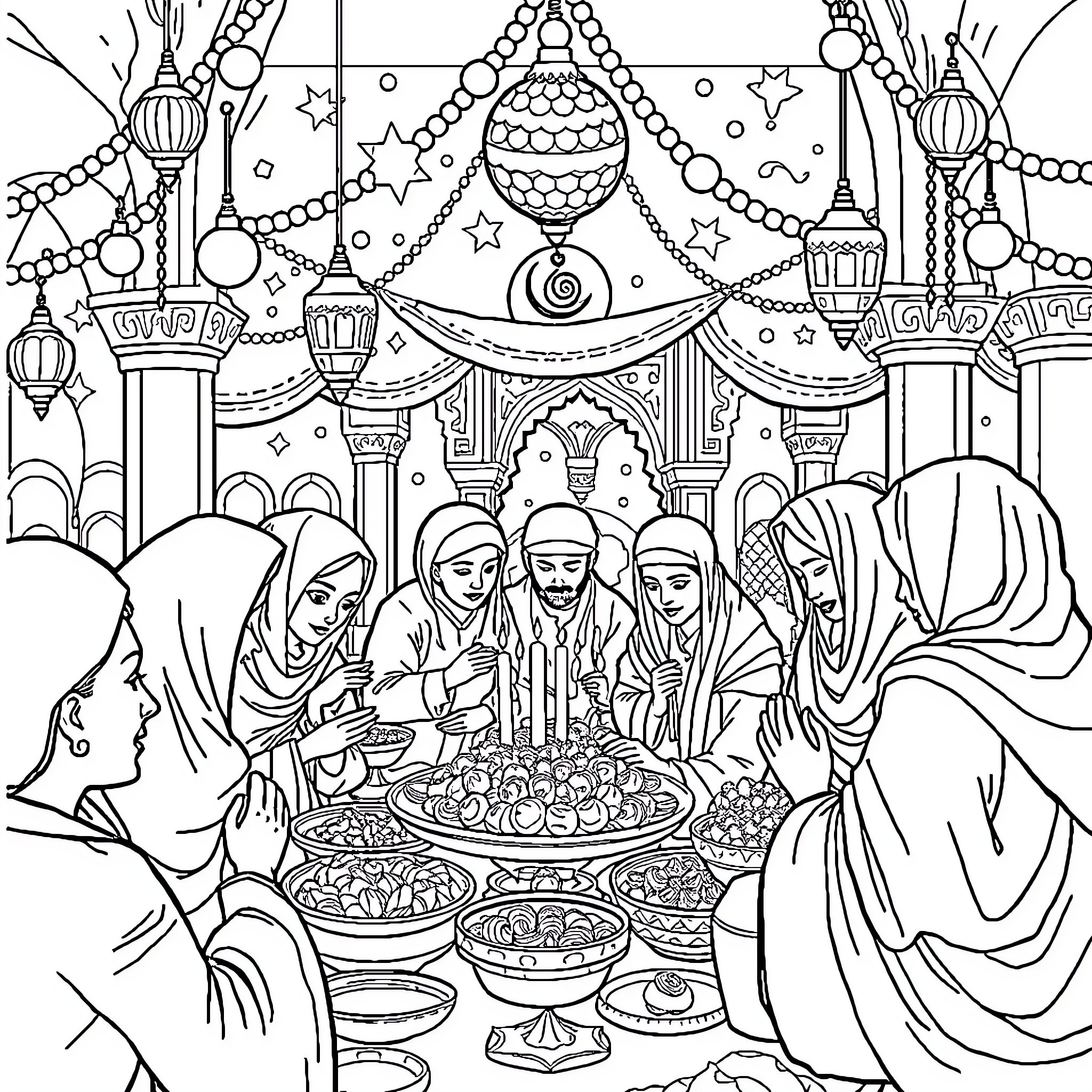 Eid celebration with festive decorations and traditional gathering Coloring Page (free black-and-white line drawing printable PDF for all, from beginners to advanced learners, including children, teens, adults, and seniors)
