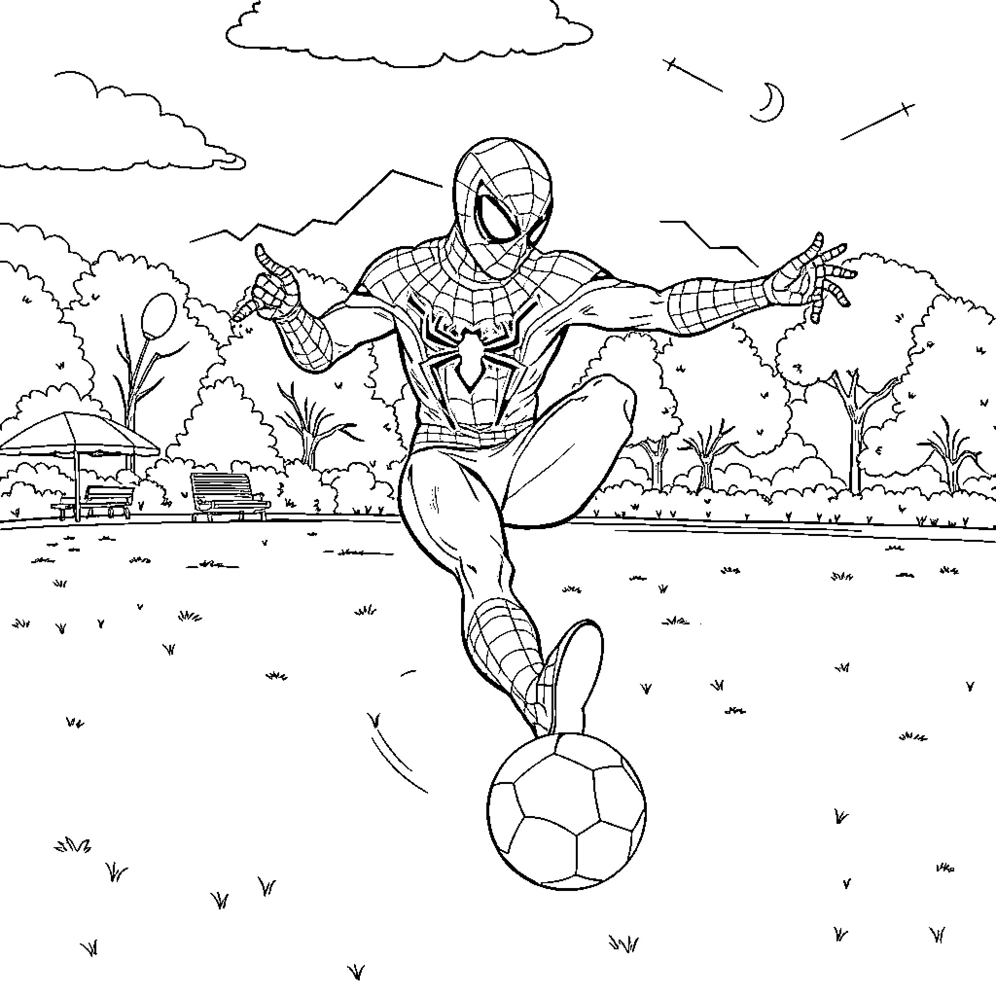 Spider-Man playing soccer in the park Coloring Page (free black-and-white line drawing printable PDF for all, from beginners to advanced learners, including children, teens, adults, and seniors)