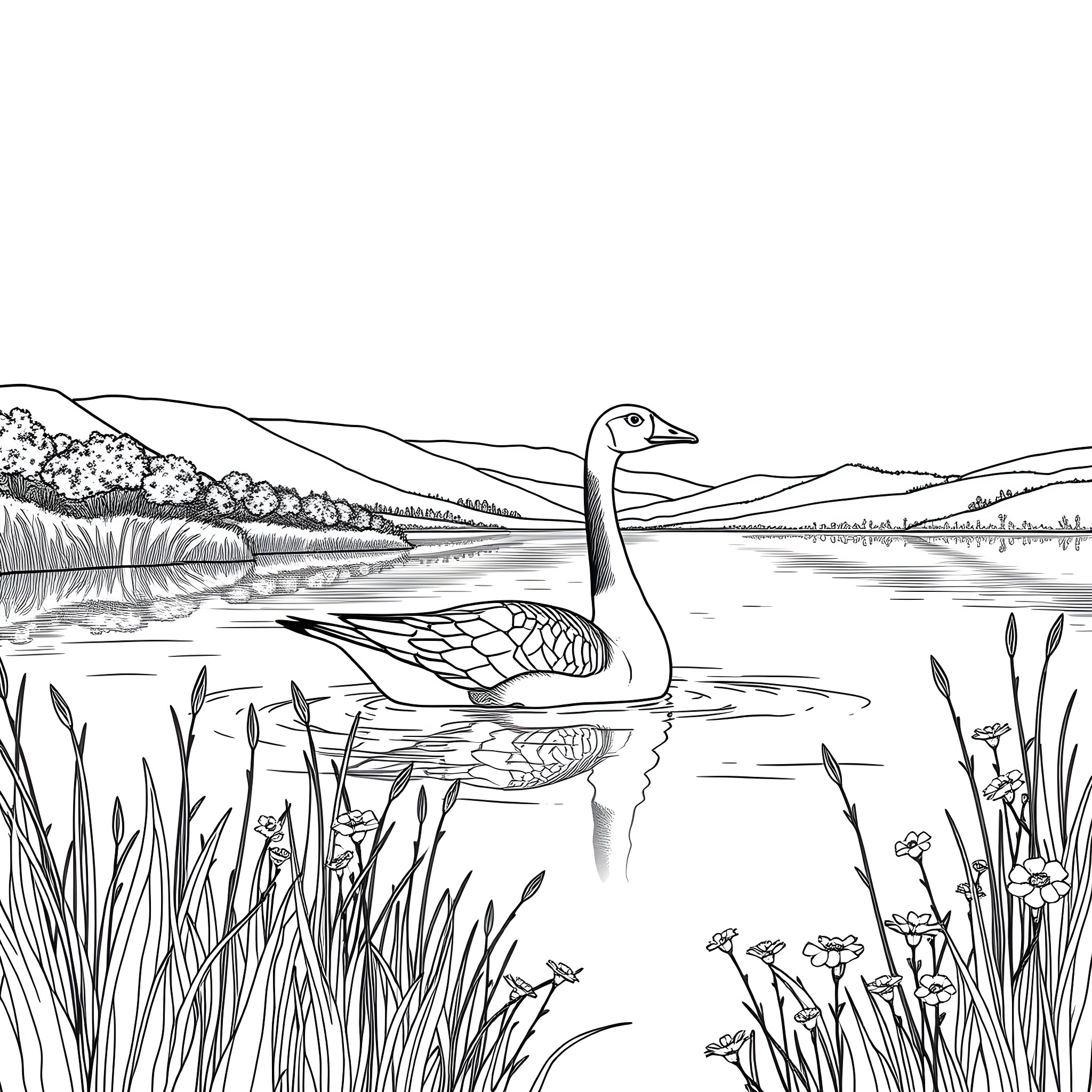 Goose gracefully swimming in serene pond Coloring Page (free black-and-white line drawing printable PDF for all, from beginners to advanced learners, including children, teens, adults, and seniors)