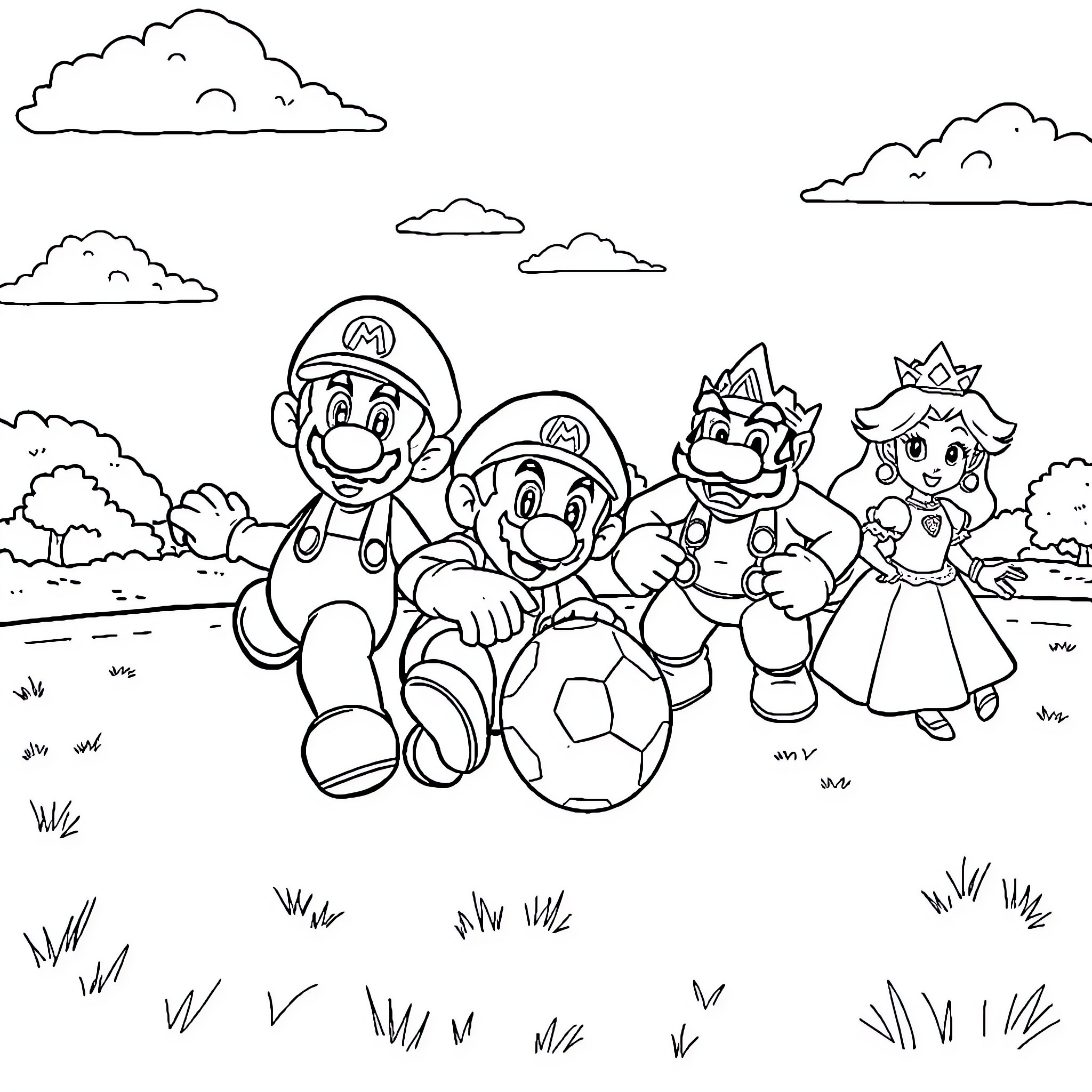 Mario and friends playing soccer in the park Coloring Page (free black-and-white line drawing printable PDF for all, from beginners to advanced learners, including children, teens, adults, and seniors)