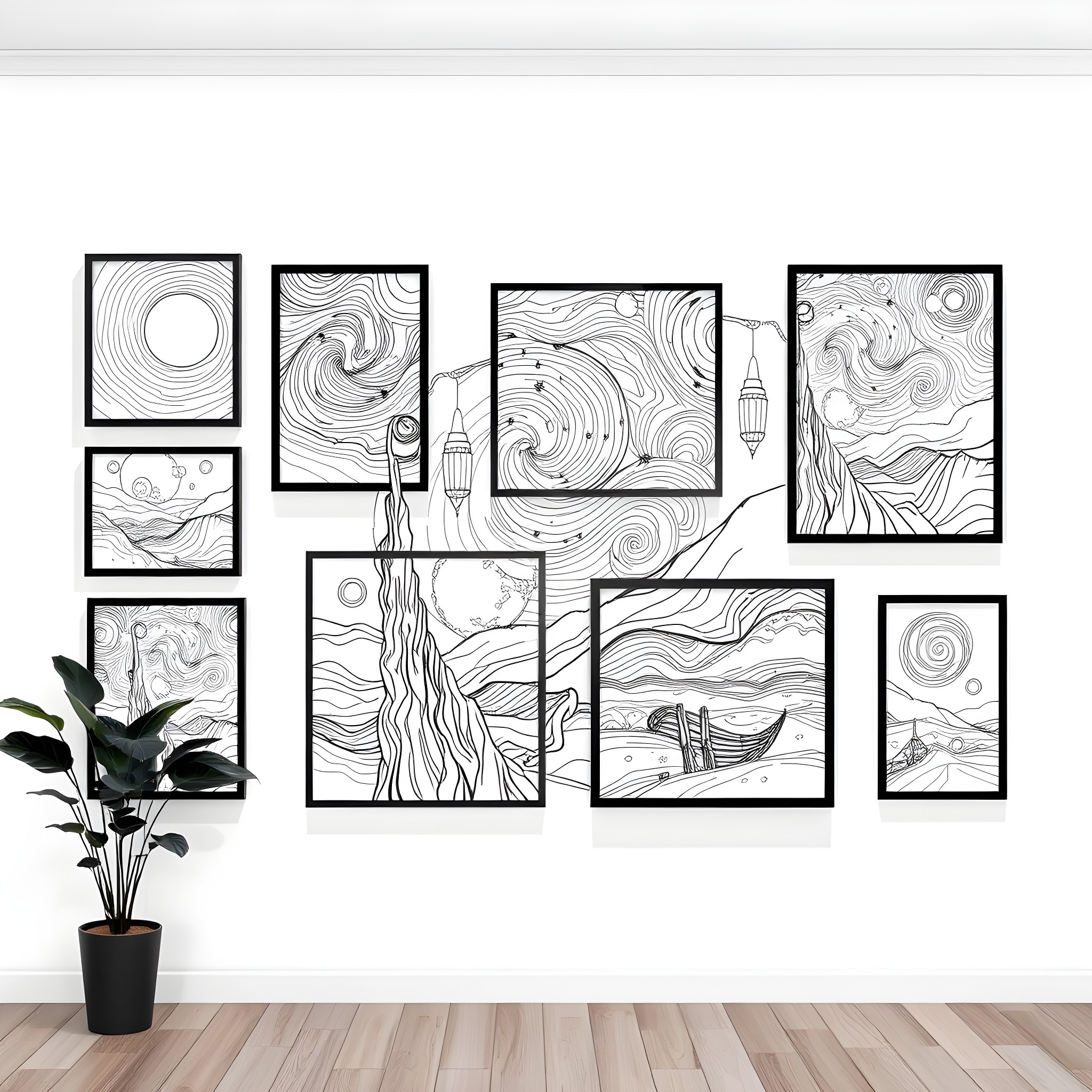 Artwork with abstract landscapes and geometric patterns Coloring Page (free black-and-white line drawing printable PDF for all, from beginners to advanced learners, including children, teens, adults, and seniors)