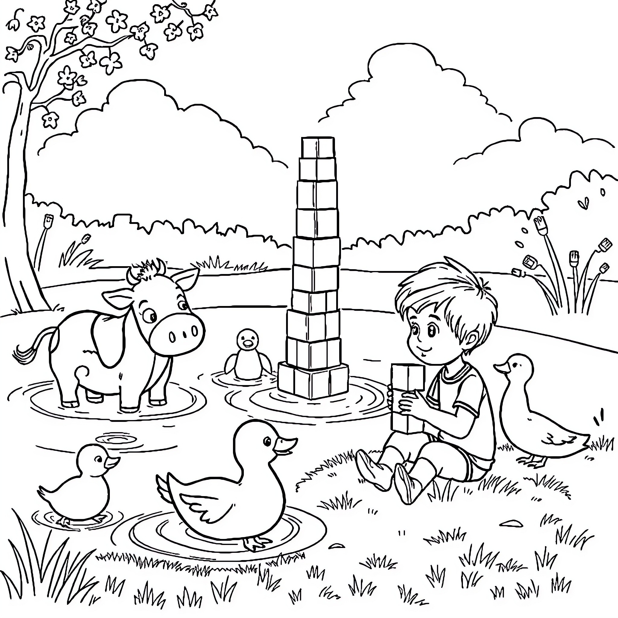 Animal friends playing happily in the park Coloring Page (free black-and-white line drawing printable PDF for all, from beginners to advanced learners, including children, teens, adults, and seniors)