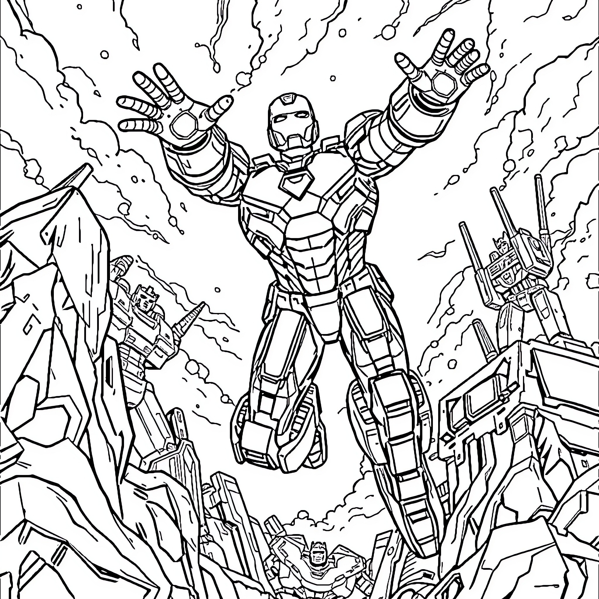 Iron Man in Heroic Action Pose Amidst Destruction Coloring Page (free black-and-white line drawing printable PDF for all, from beginners to advanced learners, including children, teens, adults, and seniors)