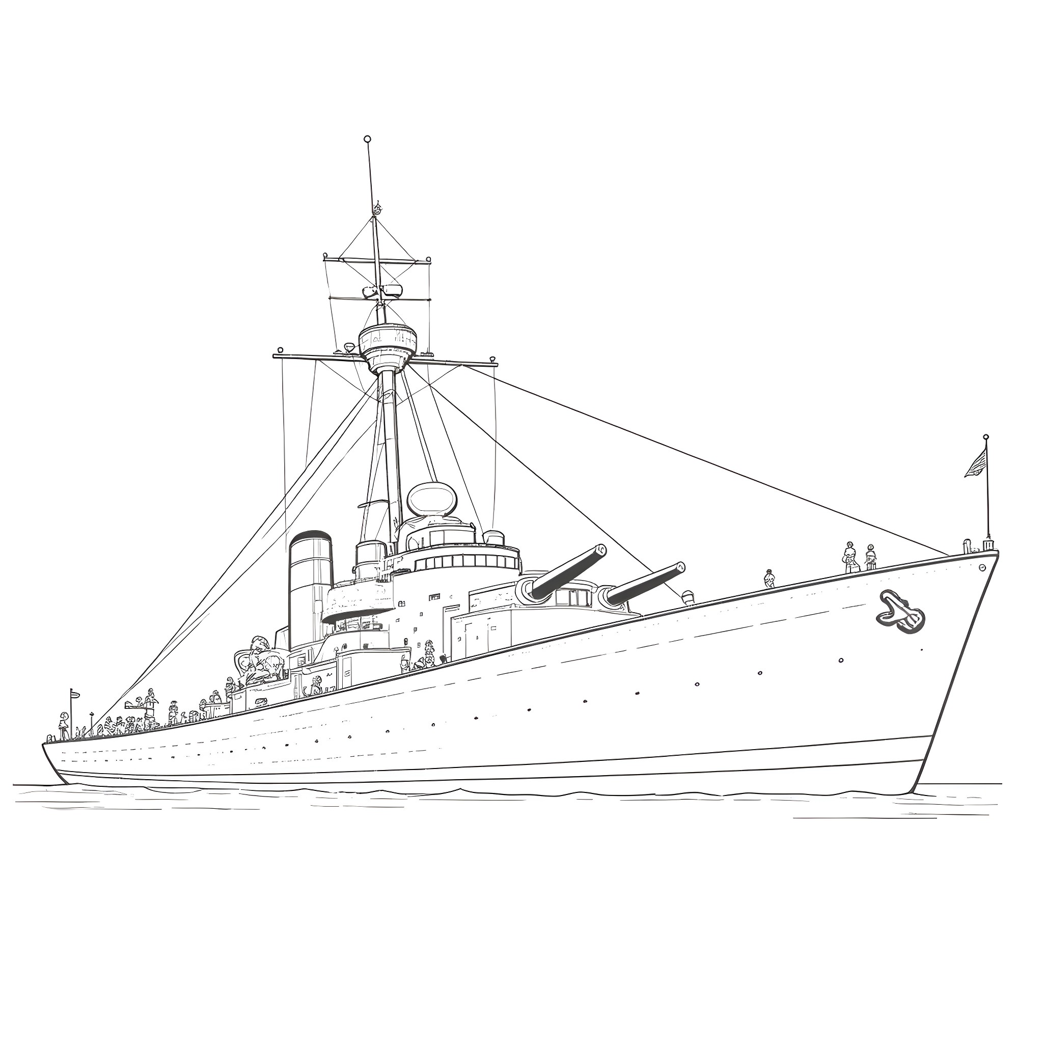 USS Alabama in action at sea Coloring Page (free black-and-white line drawing printable PDF for all, from beginners to advanced learners, including children, teens, adults, and seniors)