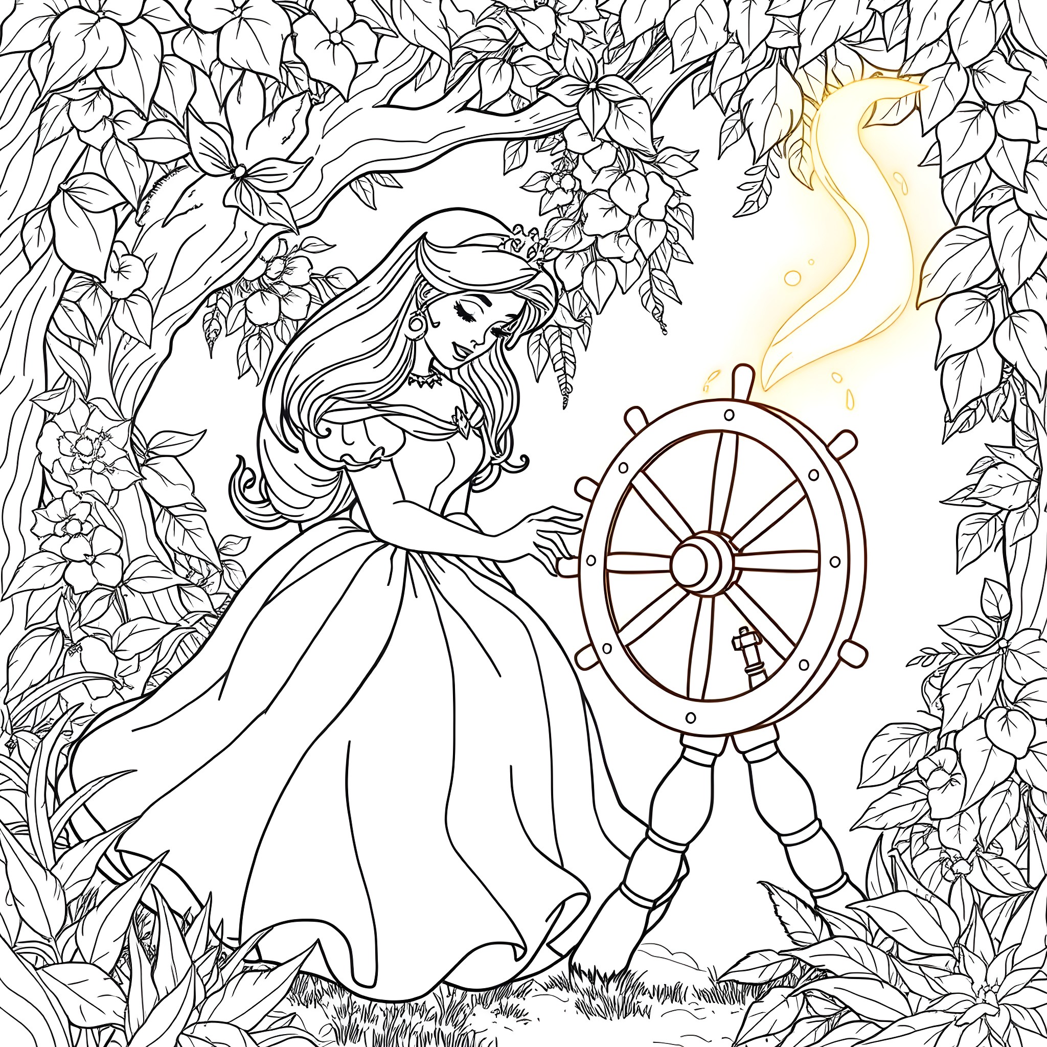 Sleeping Beauty in a Lush Floral Garden Coloring Page (free black-and-white line drawing printable PDF for all, from beginners to advanced learners, including children, teens, adults, and seniors)
