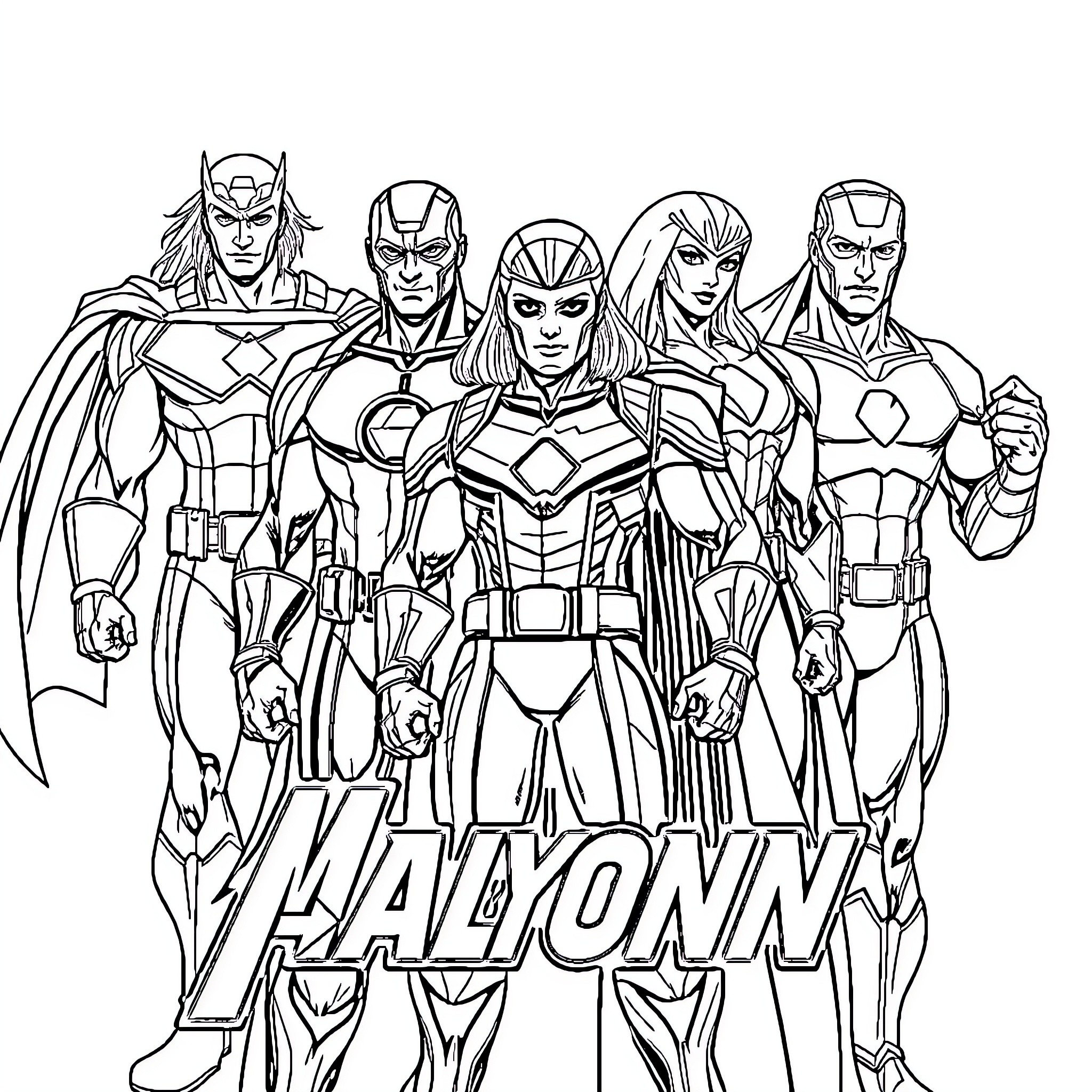 Avenger heroes assemble in heroic poses Coloring Page (free black-and-white line drawing printable PDF for all, from beginners to advanced learners, including children, teens, adults, and seniors)