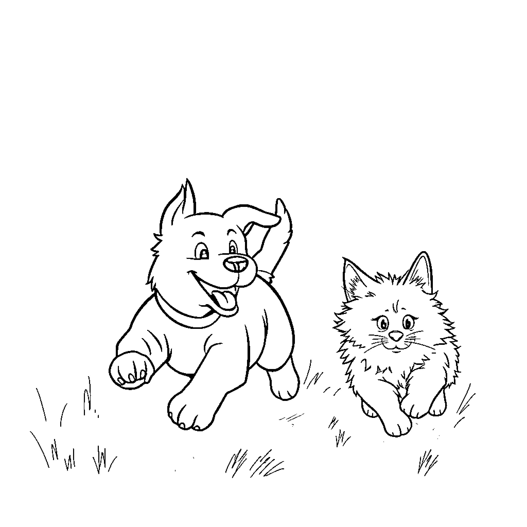 Dog and cat playing together in the grass Coloring Page (free black-and-white line drawing printable PDF for all, from beginners to advanced learners, including children, teens, adults, and seniors)