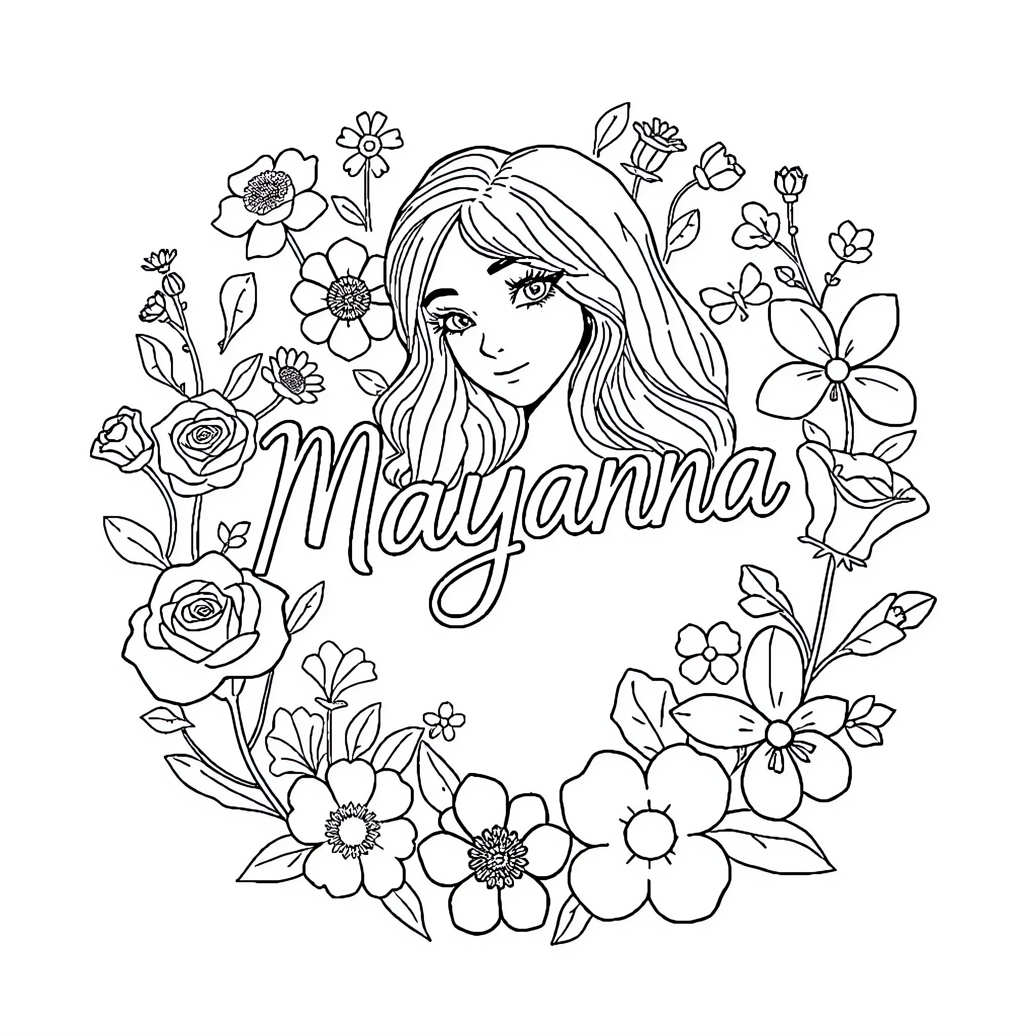 Mayanna's Floral Portrait Coloring Page (free black-and-white line drawing printable PDF for all, from beginners to advanced learners, including children, teens, adults, and seniors)