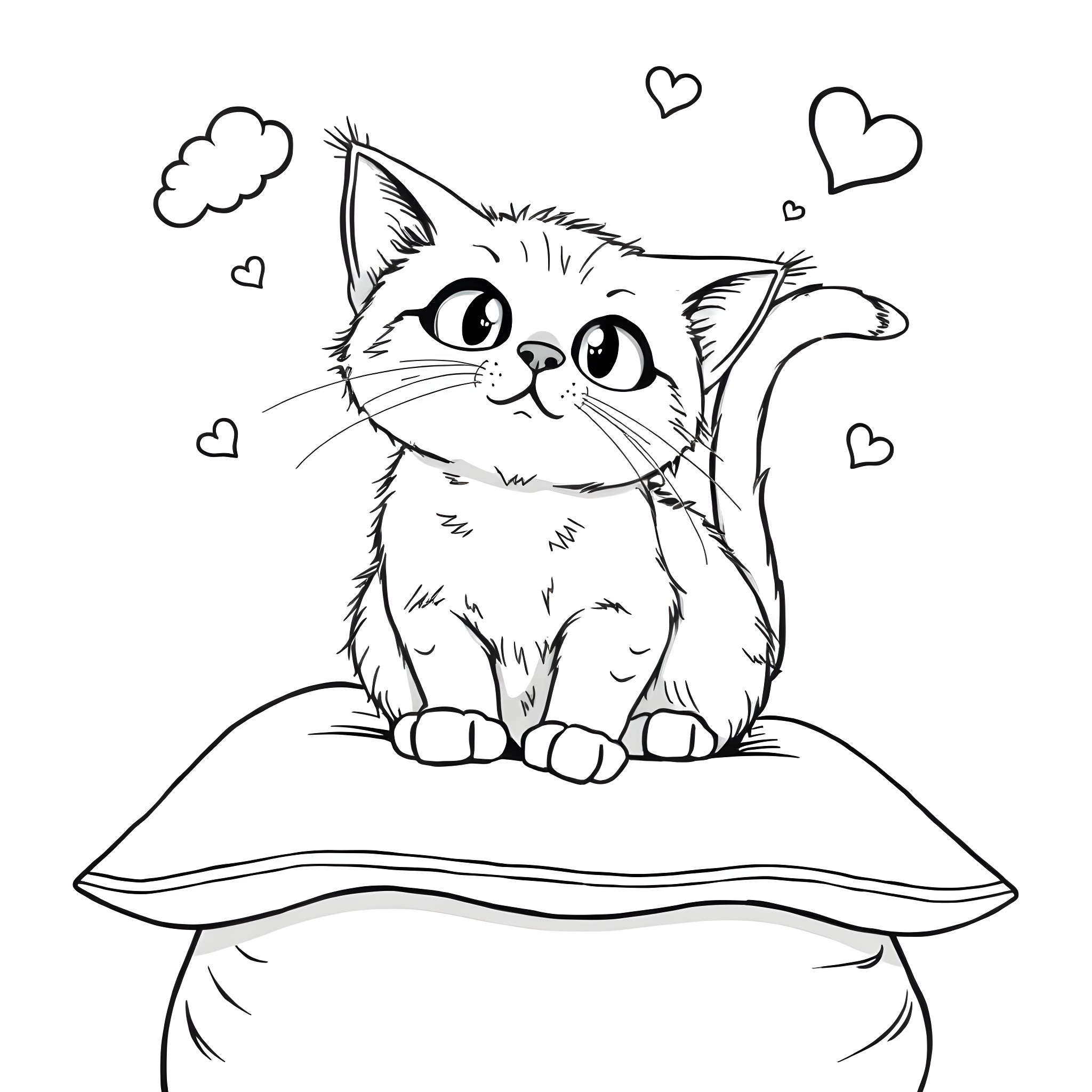 Cat relaxing on a pillow with hearts Coloring Page (free black-and-white line drawing printable PDF for all, from beginners to advanced learners, including children, teens, adults, and seniors)