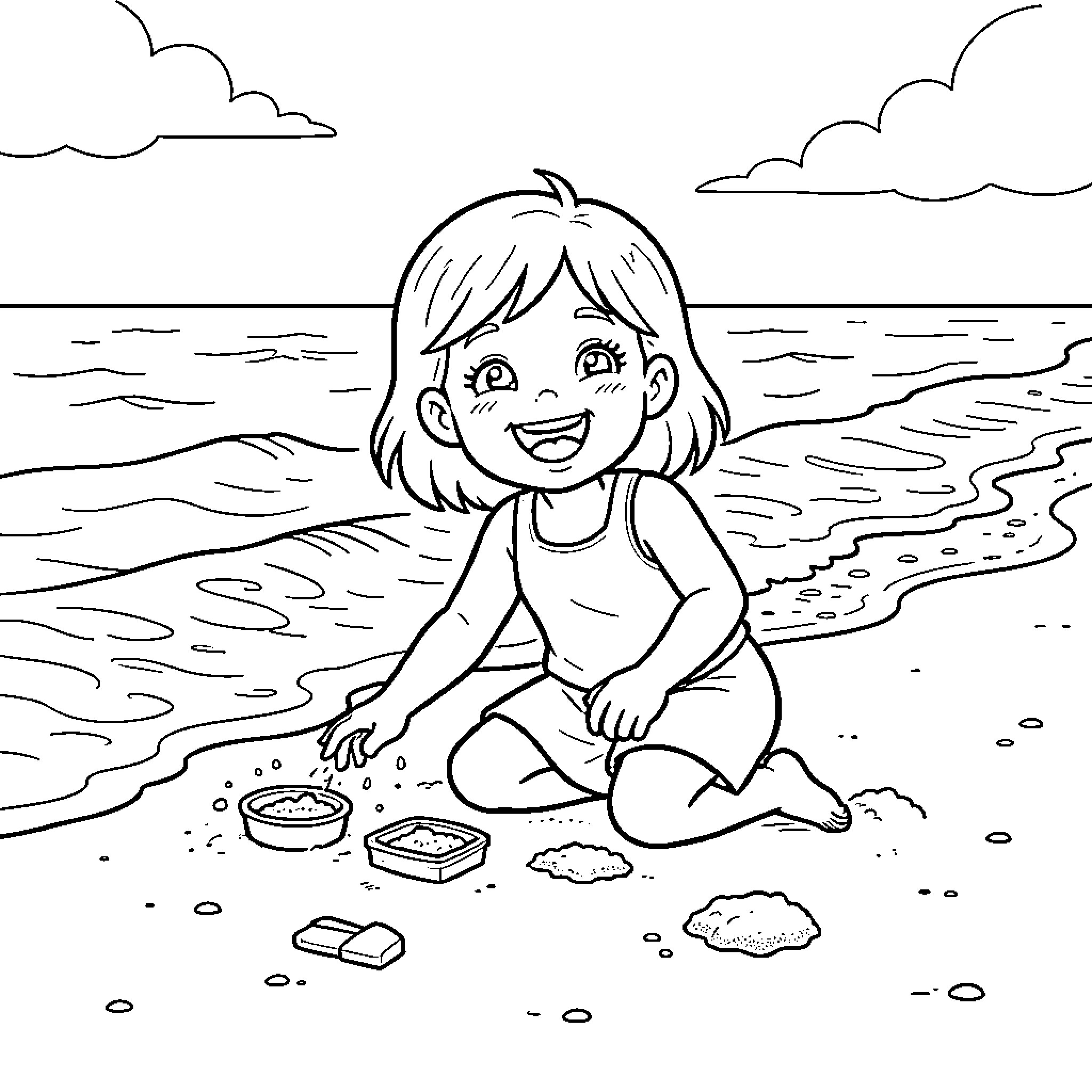 Fille playing with sand on the beach Coloring Page (free black-and-white line drawing printable PDF for all, from beginners to advanced learners, including children, teens, adults, and seniors)