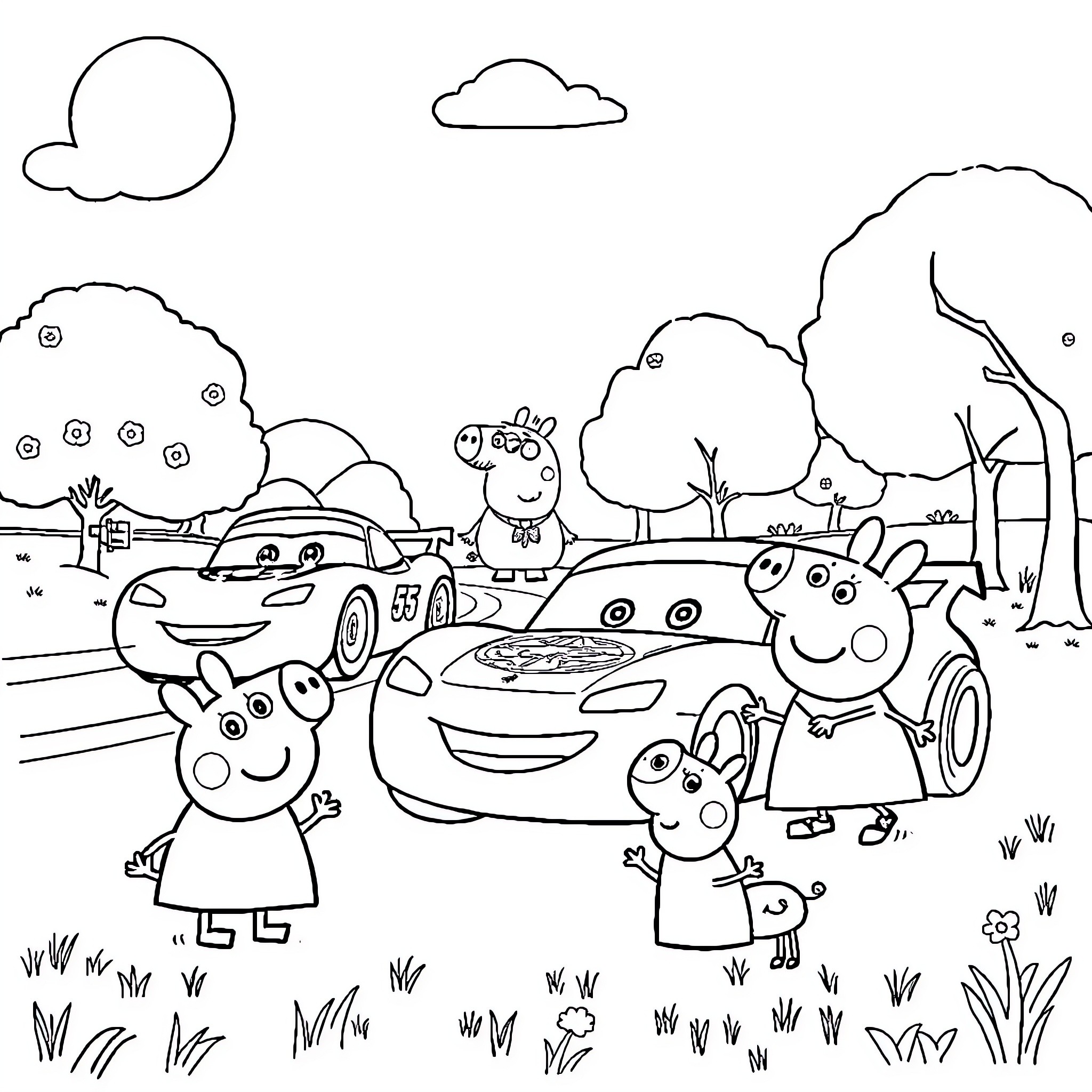 Car-themed characters in a playful outdoor scene Coloring Page (free black-and-white line drawing printable PDF for all, from beginners to advanced learners, including children, teens, adults, and seniors)