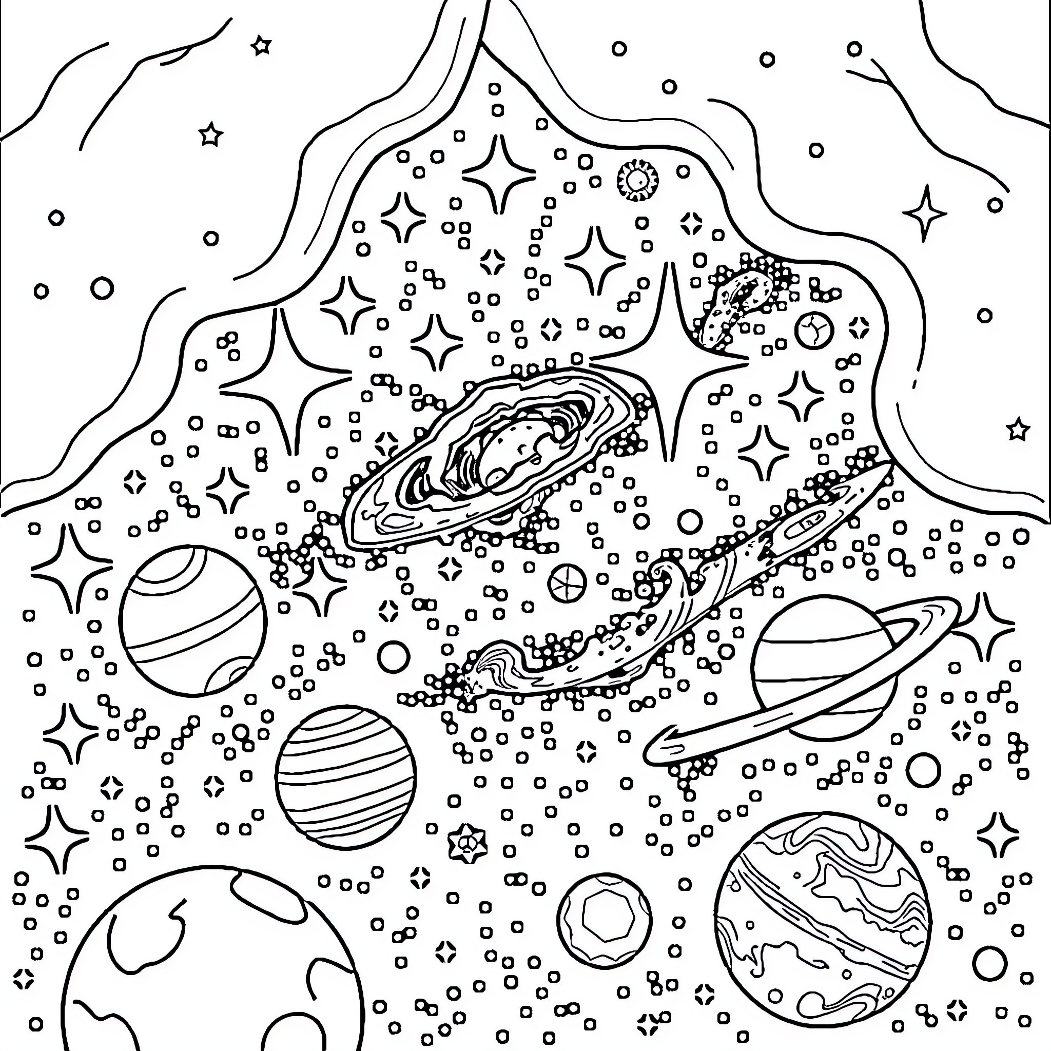 Galaxy of Cosmic Wonders and Celestial Phenomena Coloring Page (free black-and-white line drawing printable PDF for all, from beginners to advanced learners, including children, teens, adults, and seniors)