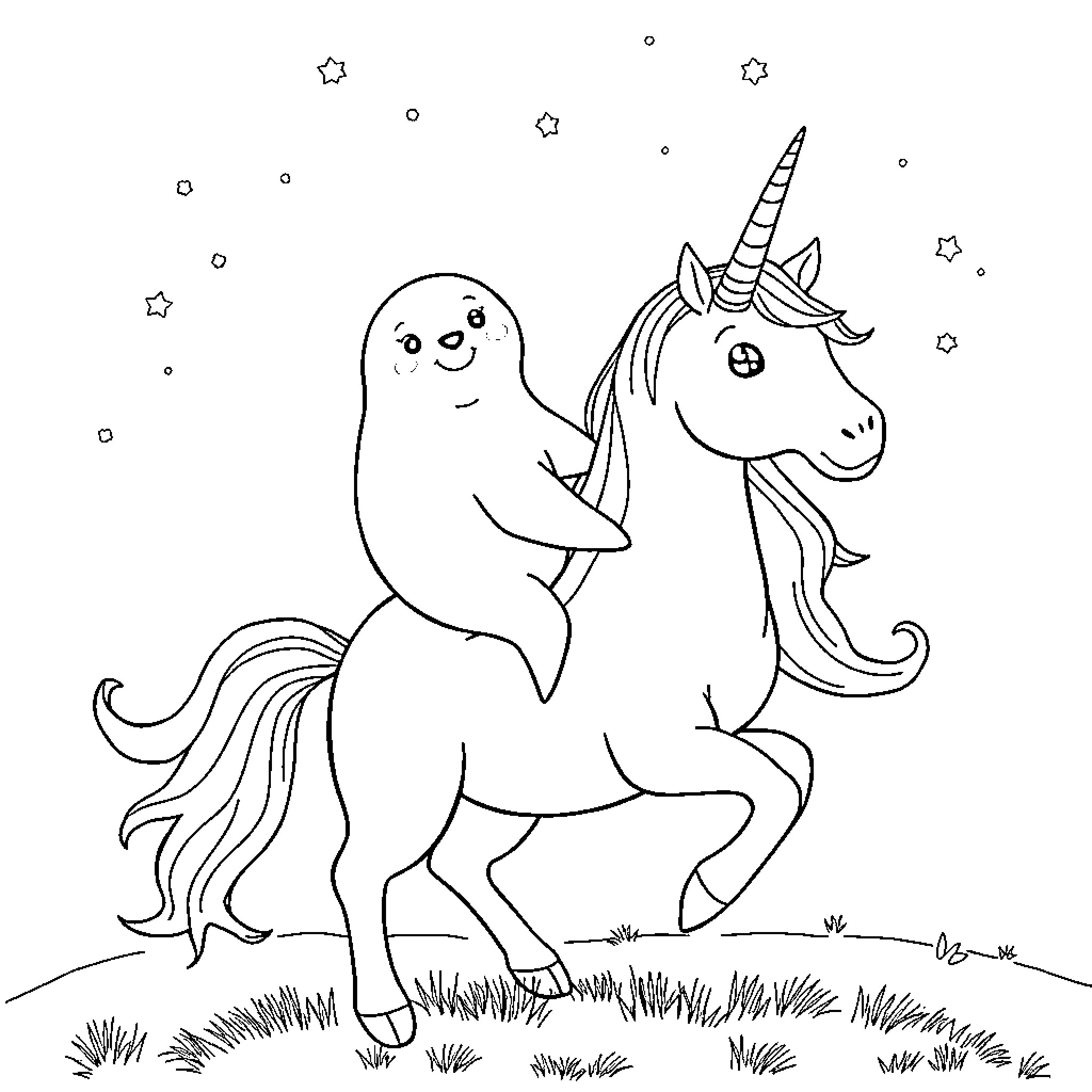 Seal riding a magical unicorn under the stars Coloring Page (free black-and-white line drawing printable PDF for all, from beginners to advanced learners, including children, teens, adults, and seniors)
