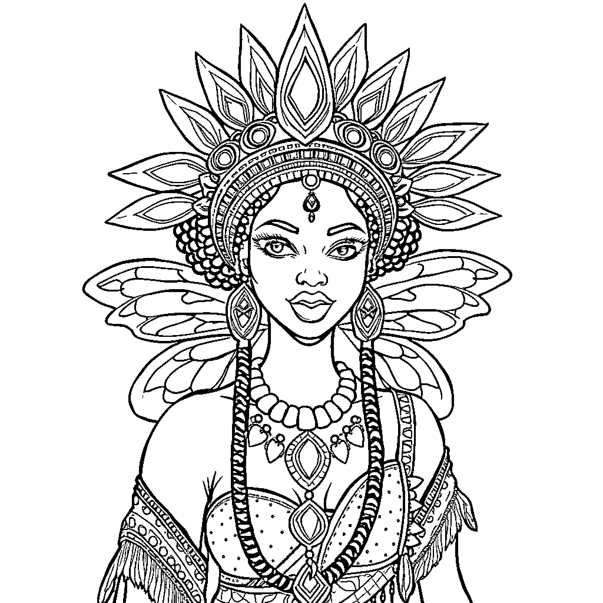 Fairy Queen in Ornate Regalia Coloring Page (free black-and-white line drawing printable PDF for all, from beginners to advanced learners, including children, teens, adults, and seniors)