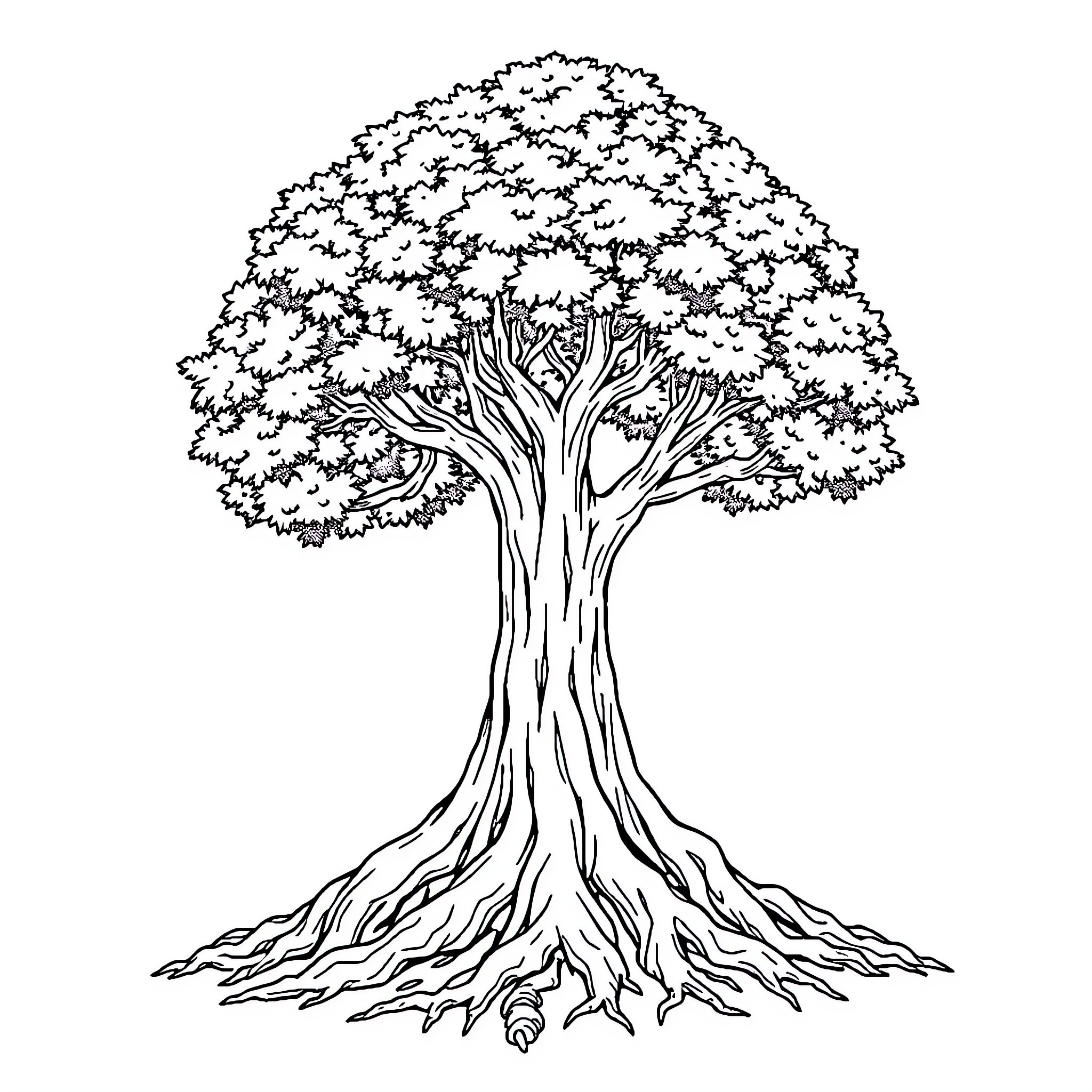 Tree with intricate root system Coloring Page (free black-and-white line drawing printable PDF for all, from beginners to advanced learners, including children, teens, adults, and seniors)