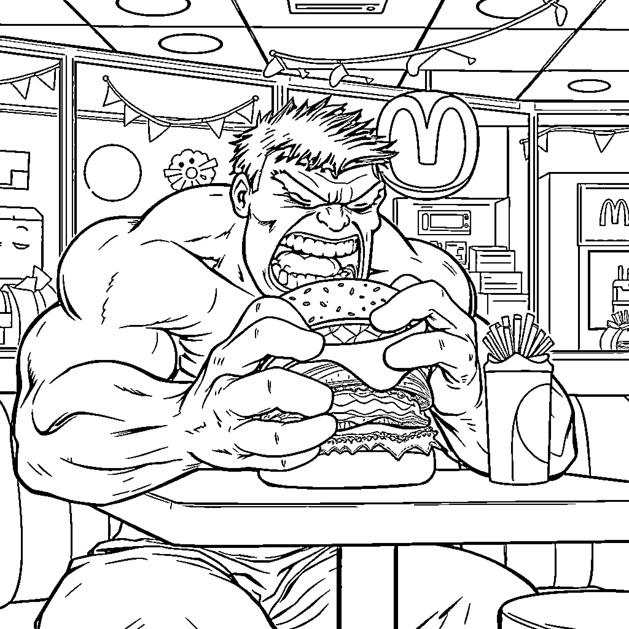 Hulk Devouring a Massive Burger in a Fast Food Diner Coloring Page (free black-and-white line drawing printable PDF for all, from beginners to advanced learners, including children, teens, adults, and seniors)