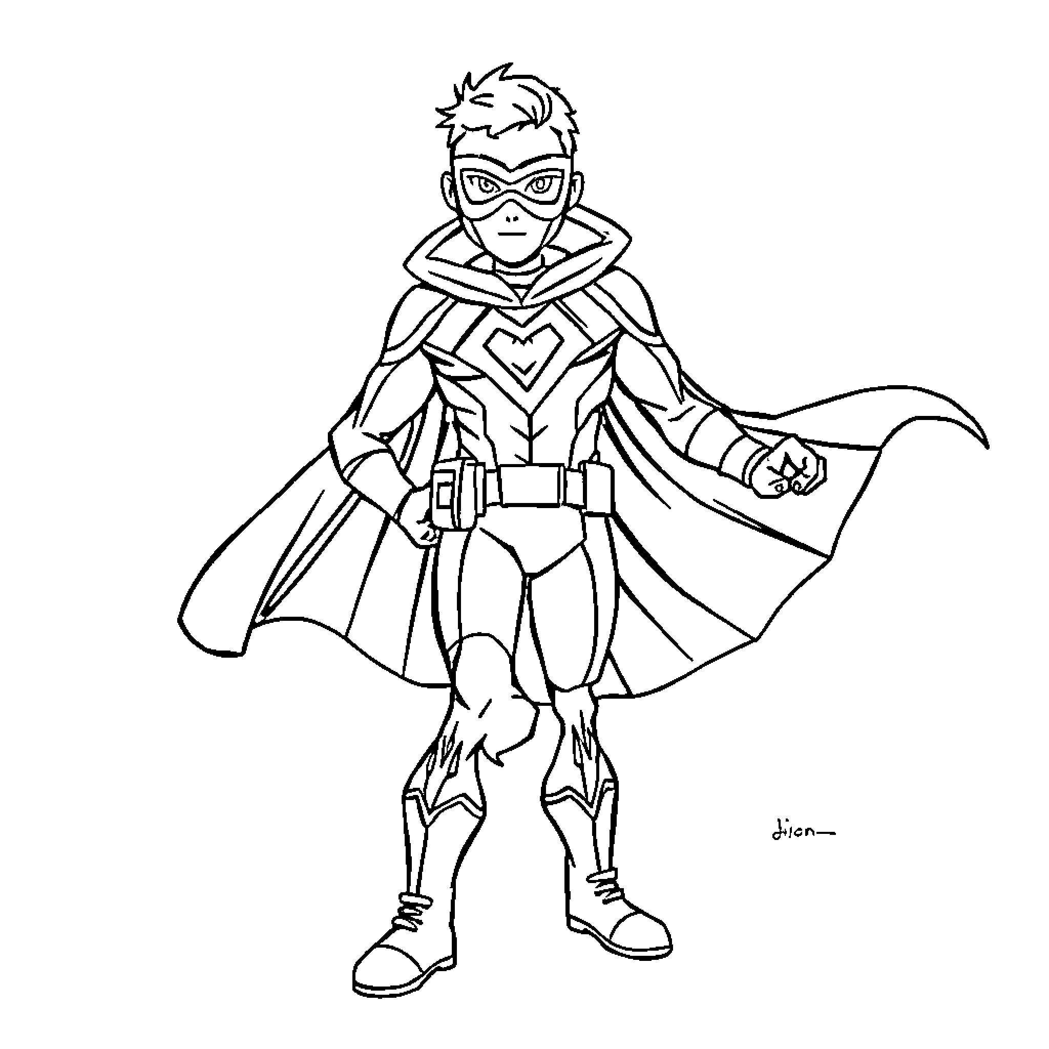 Alican the Superhero in Action Coloring Page (free black-and-white line drawing printable PDF for all, from beginners to advanced learners, including children, teens, adults, and seniors)