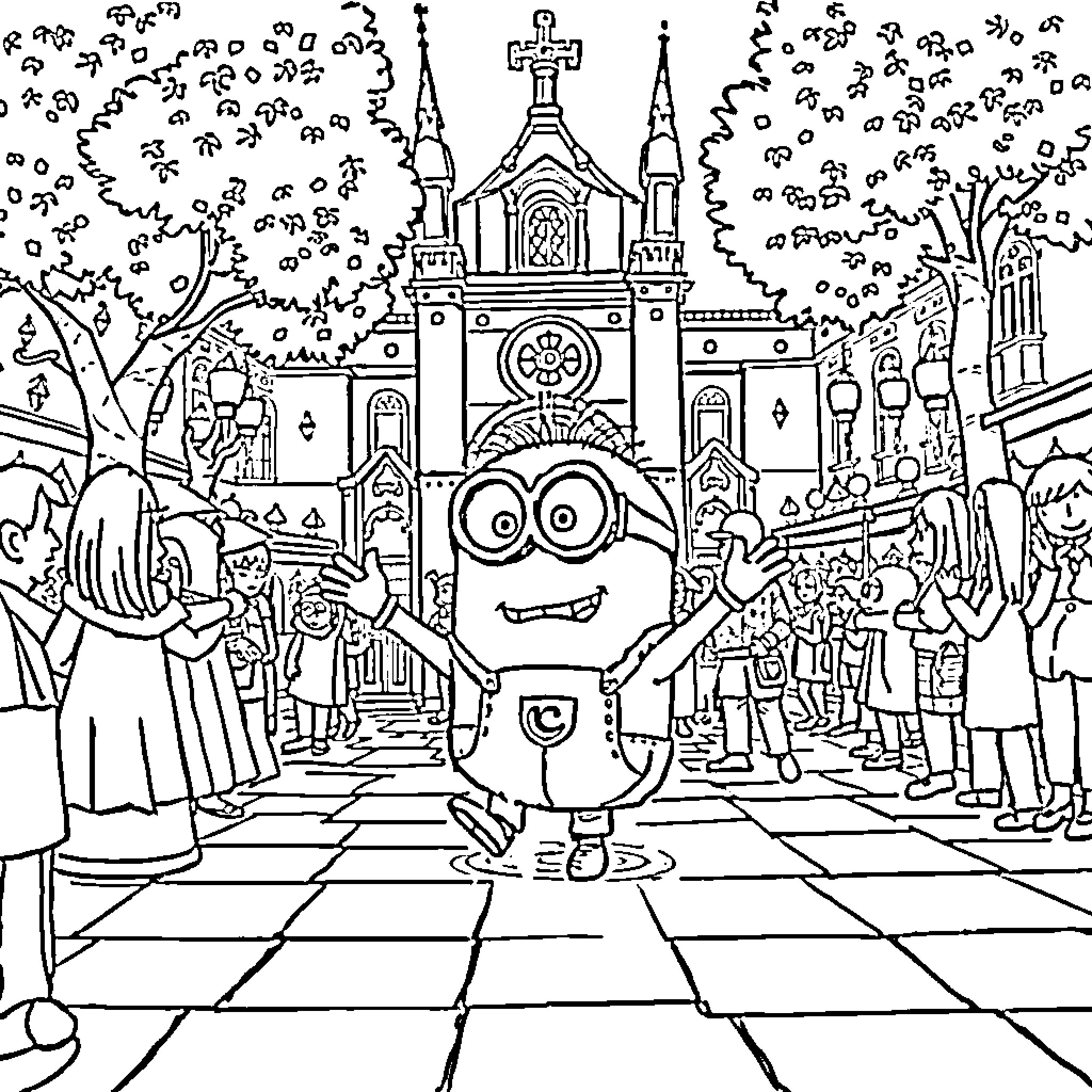Minion explores whimsical medieval town Coloring Page (free black-and-white line drawing printable PDF for all, from beginners to advanced learners, including children, teens, adults, and seniors)