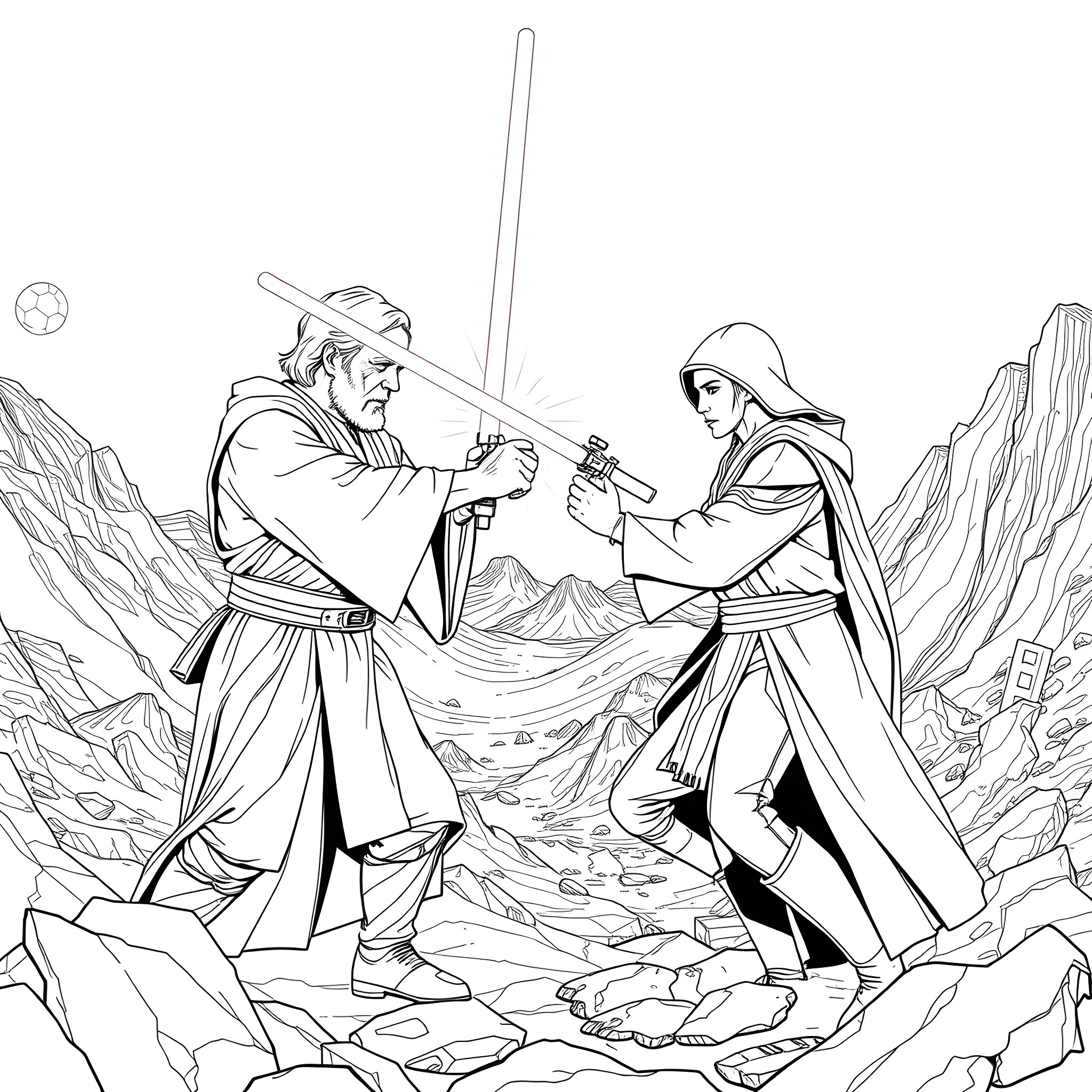 Ben Kenobi training a young Jedi in a remote desert setting Coloring Page (free black-and-white line drawing printable PDF for all, from beginners to advanced learners, including children, teens, adults, and seniors)
