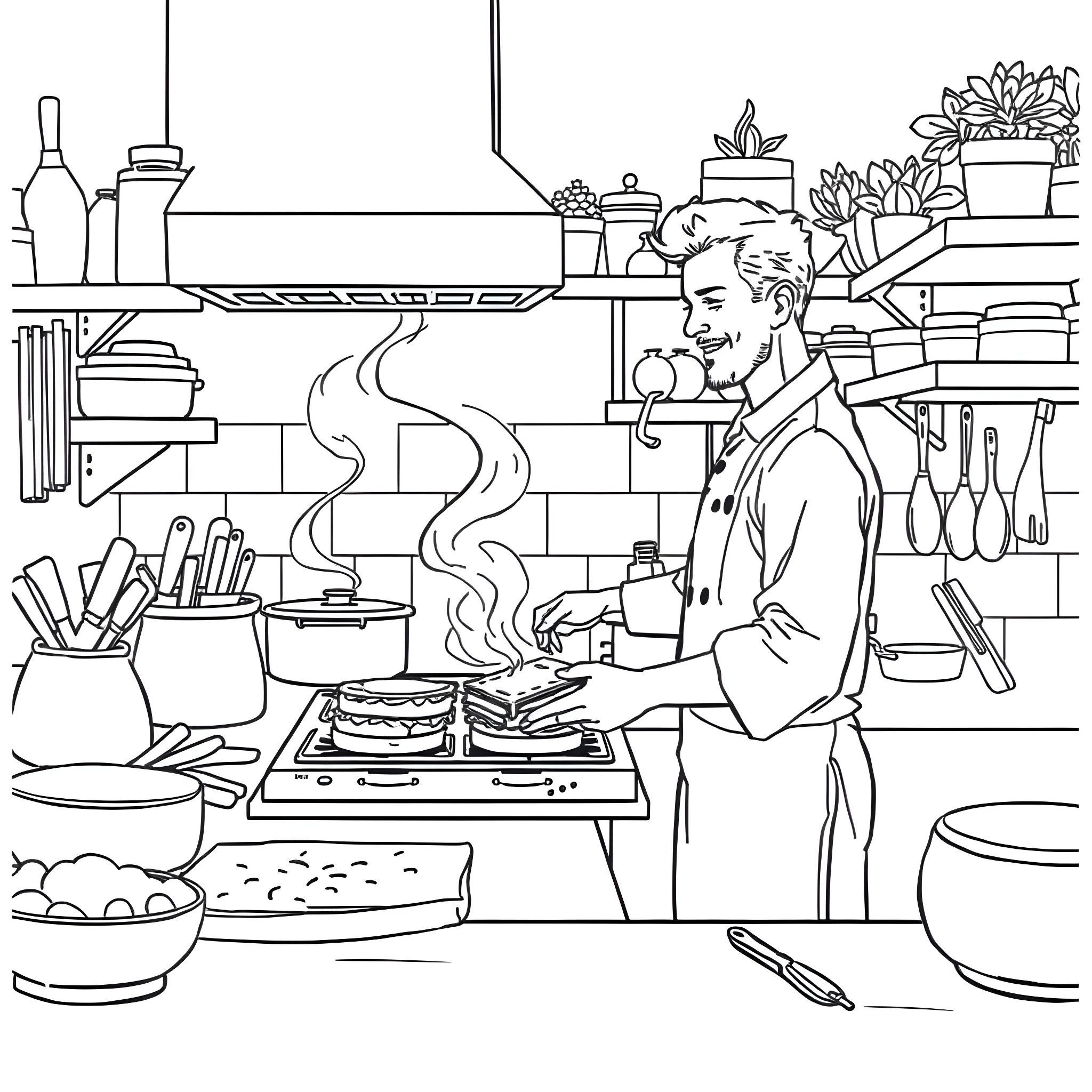 Shane Gilles Cooking in a Busy Kitchen Coloring Page (free black-and-white line drawing printable PDF for all, from beginners to advanced learners, including children, teens, adults, and seniors)