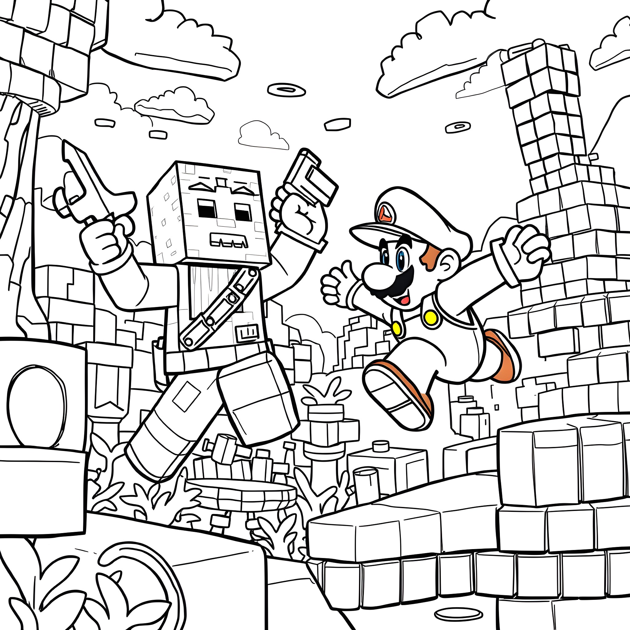 Minecraft characters in an action-packed scene Coloring Page (free black-and-white line drawing printable PDF for all, from beginners to advanced learners, including children, teens, adults, and seniors)