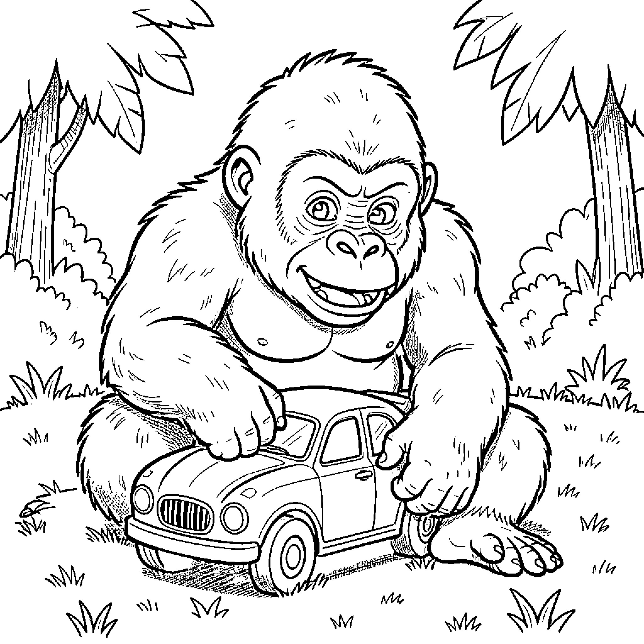 King Kong playing with a toy car in the jungle Coloring Page (free black-and-white line drawing printable PDF for all, from beginners to advanced learners, including children, teens, adults, and seniors)