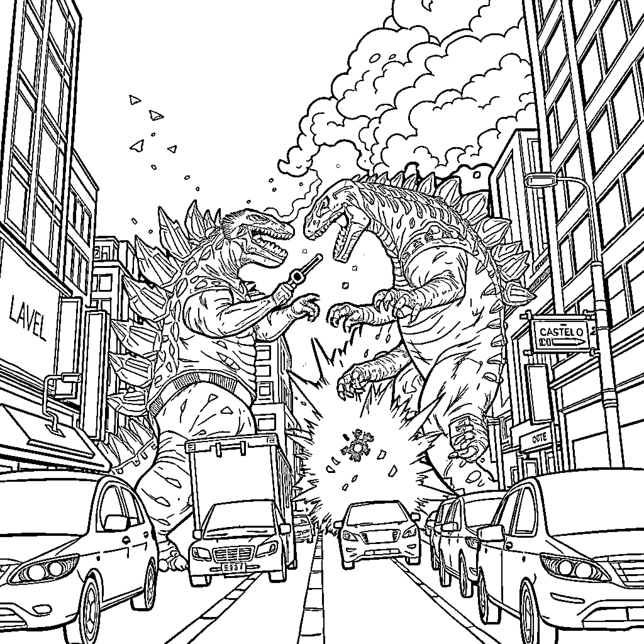 Monster Rampage in the City Streets Coloring Page (free black-and-white line drawing printable PDF for all, from beginners to advanced learners, including children, teens, adults, and seniors)
