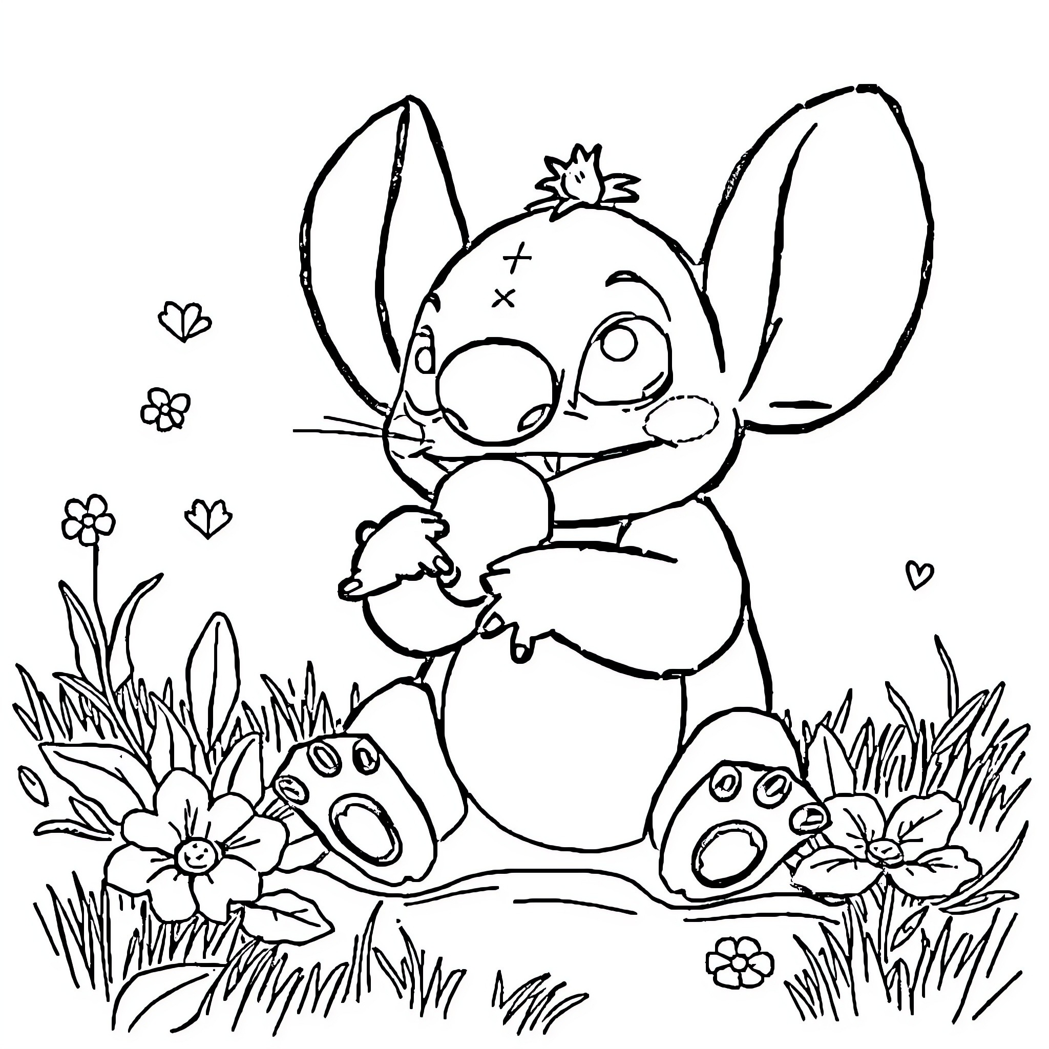 Stitch embracing adorable creature in floral meadow Coloring Page (free black-and-white line drawing printable PDF for all, from beginners to advanced learners, including children, teens, adults, and seniors)