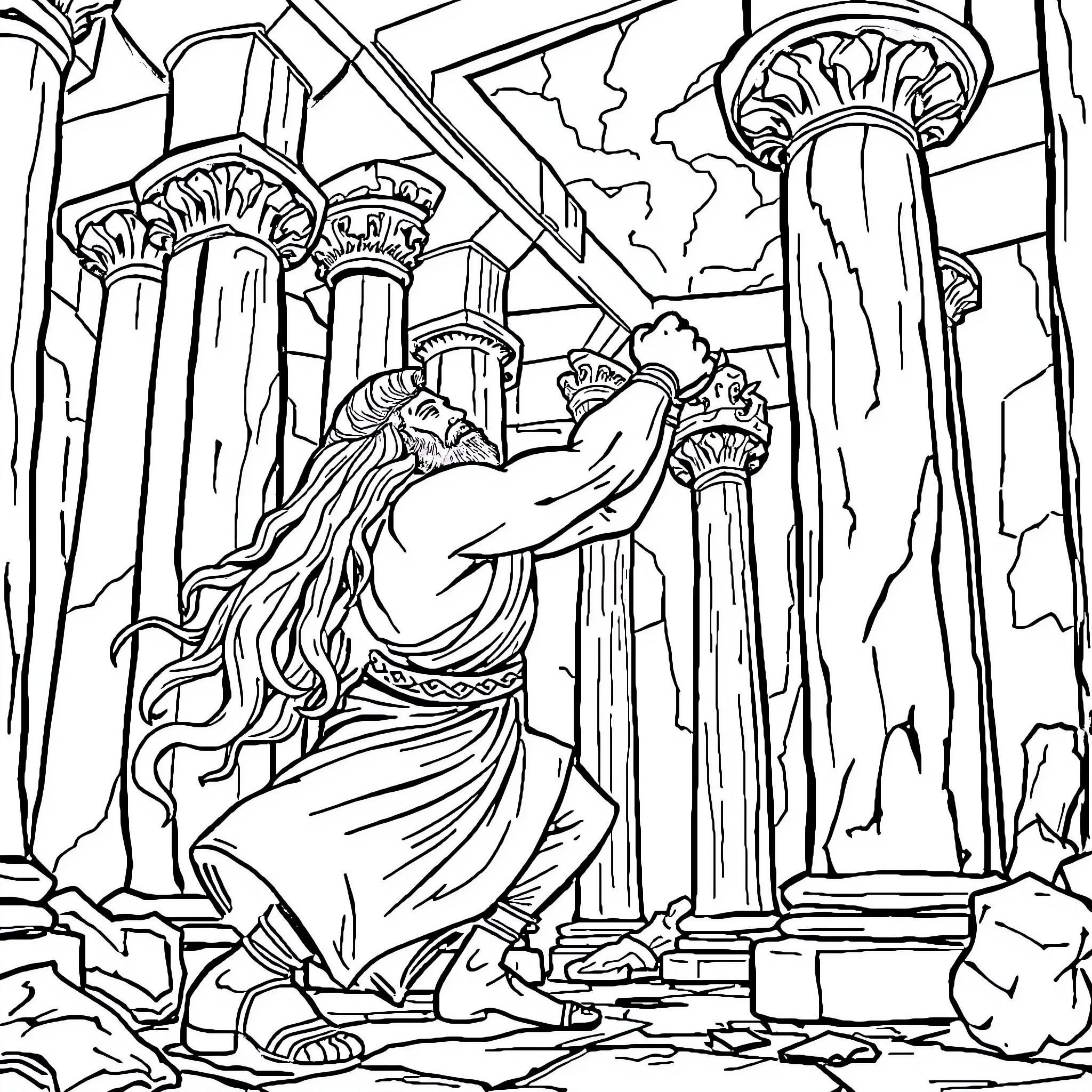 Samson destroying the temple pillars Coloring Page (free black-and-white line drawing printable PDF for all, from beginners to advanced learners, including children, teens, adults, and seniors)