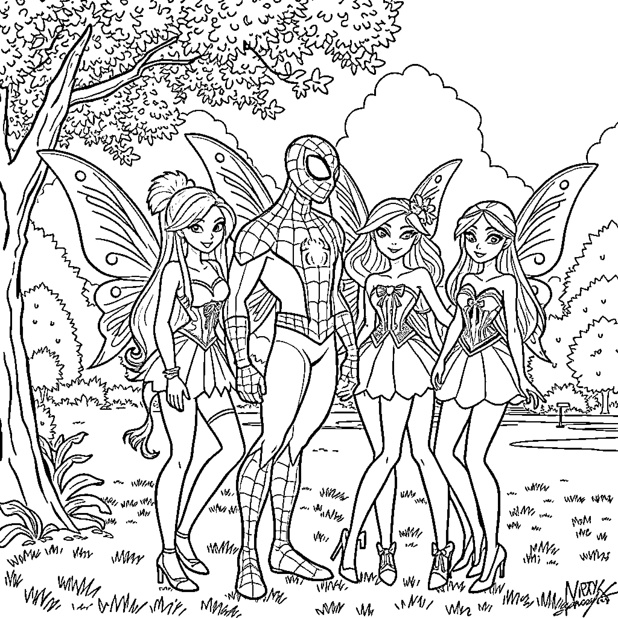 Winx Club characters in a magical forest setting Coloring Page (free black-and-white line drawing printable PDF for all, from beginners to advanced learners, including children, teens, adults, and seniors)
