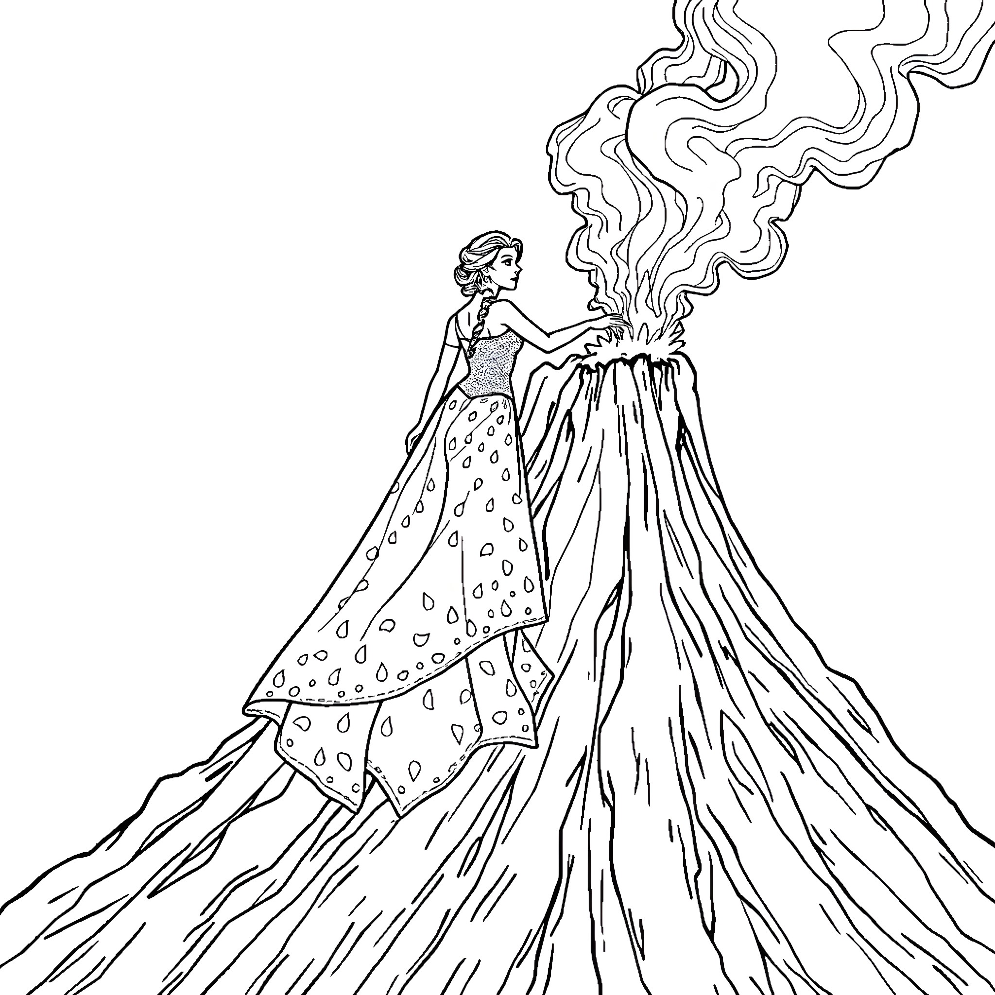 Princess in Magnificent Gown with Flowing Dress Coloring Page (free black-and-white line drawing printable PDF for all, from beginners to advanced learners, including children, teens, adults, and seniors)