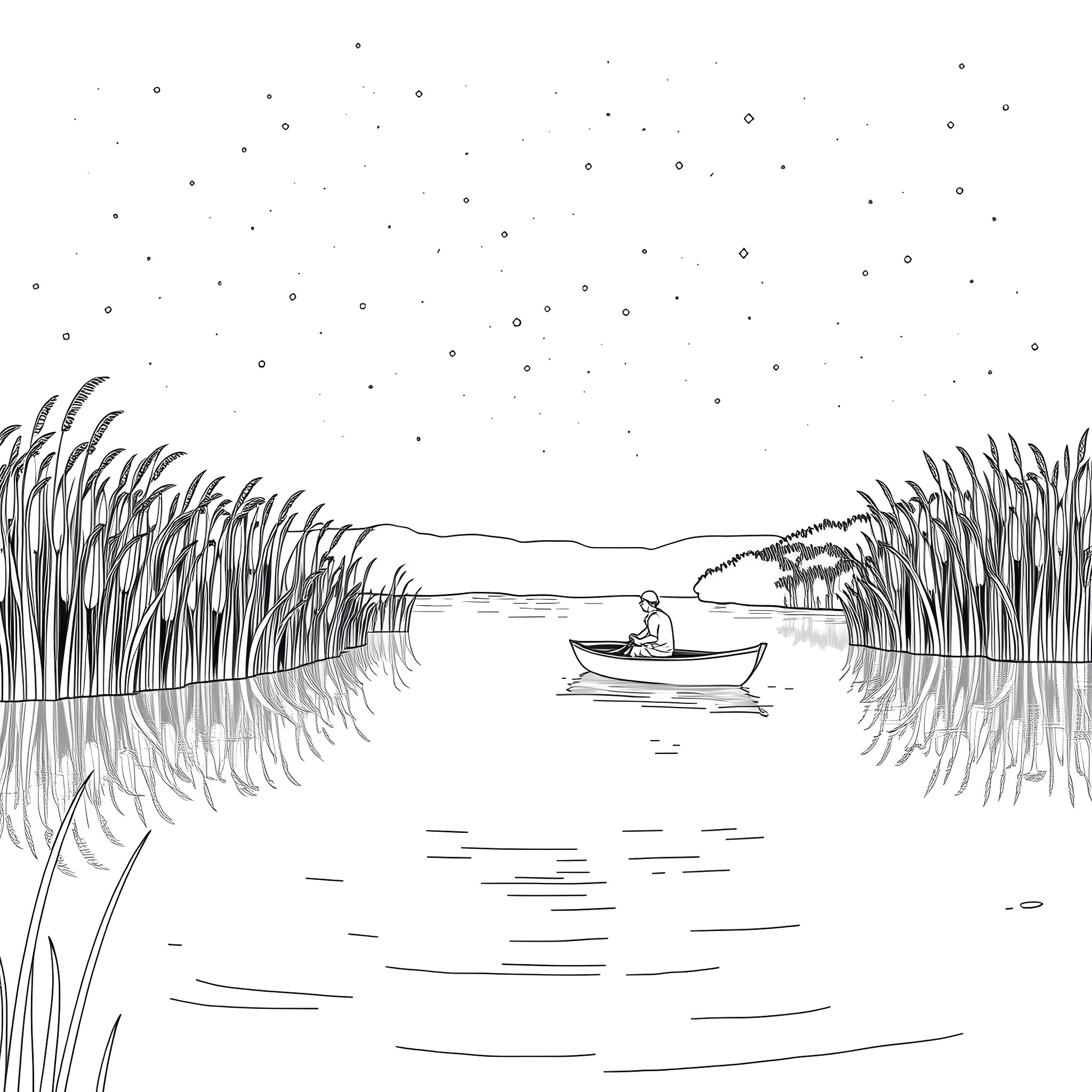Enderman Relaxing on a Boat by the Starry Lake Coloring Page (free black-and-white line drawing printable PDF for all, from beginners to advanced learners, including children, teens, adults, and seniors)