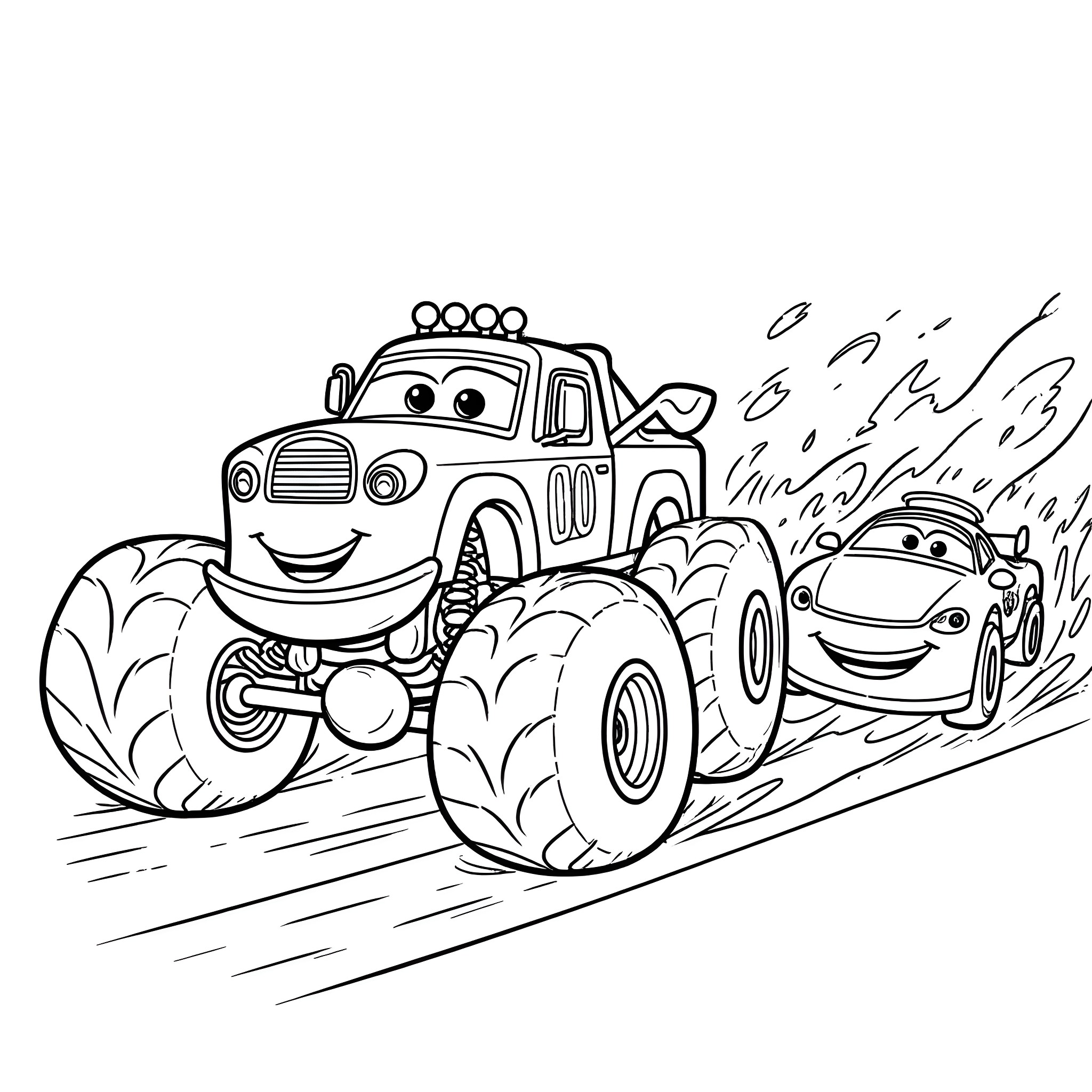 Racecar Monster Trucks in Action Coloring Page (free black-and-white line drawing printable PDF for all, from beginners to advanced learners, including children, teens, adults, and seniors)