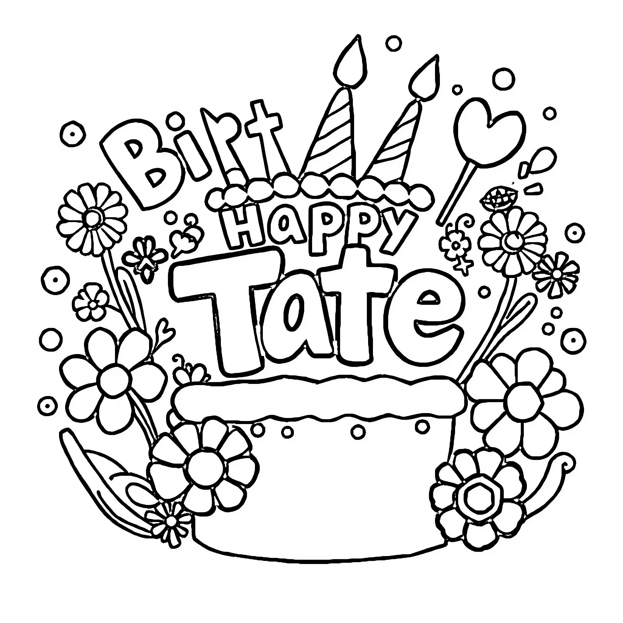 Birthday Card with Flowers and Cake Coloring Page (free black-and-white line drawing printable PDF for all, from beginners to advanced learners, including children, teens, adults, and seniors)