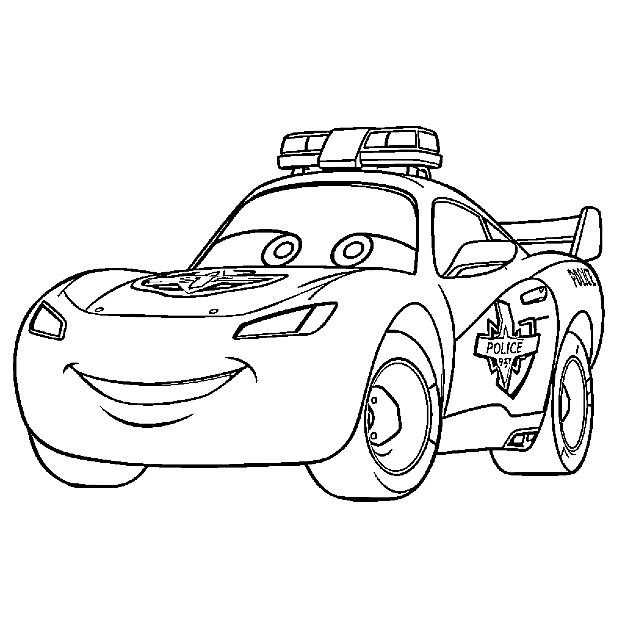 Lightning McQueen as a smiling police car Coloring Page (free black-and-white line drawing printable PDF for all, from beginners to advanced learners, including children, teens, adults, and seniors)