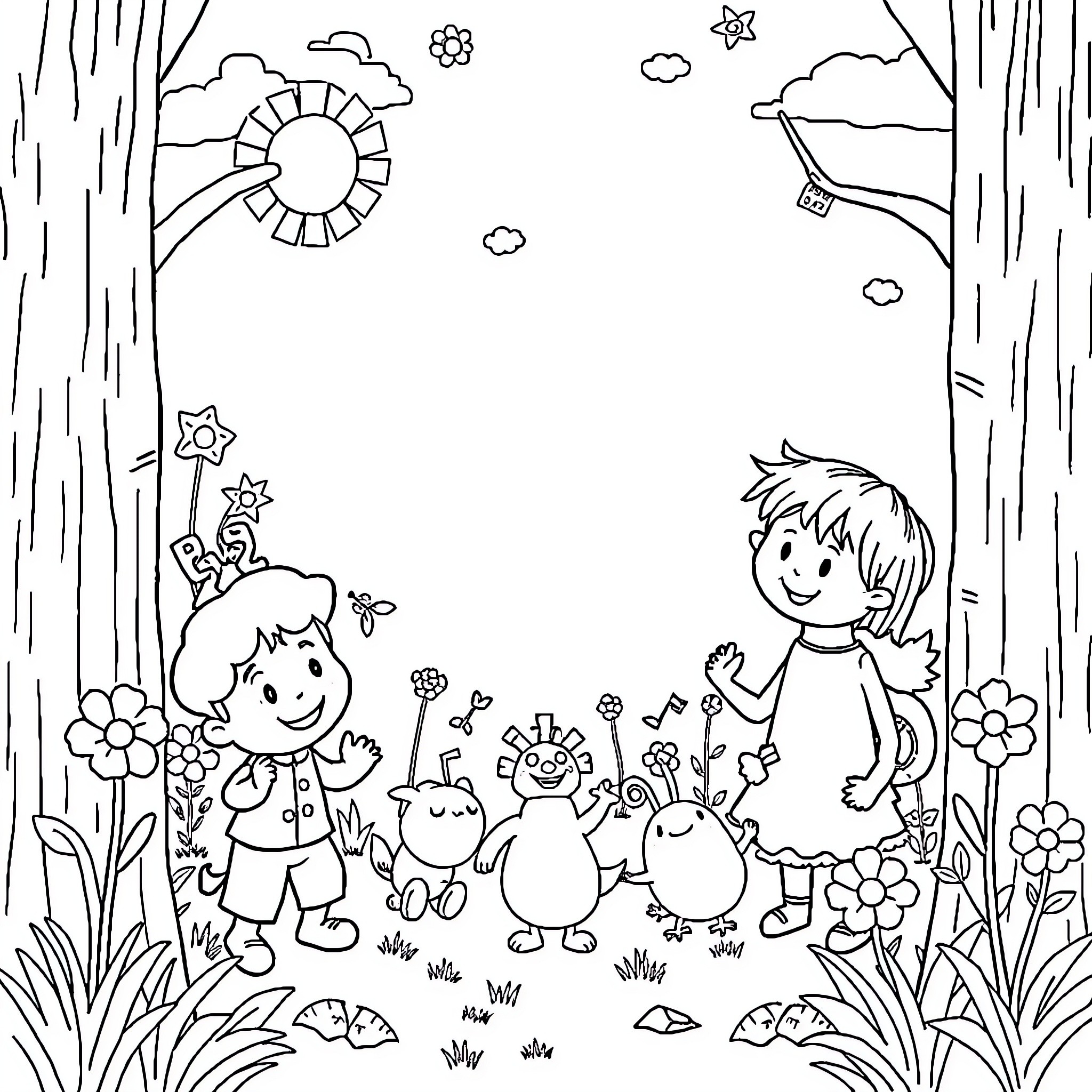Nursery Rhyme Playful Children and Creatures in Nature Coloring Page (free black-and-white line drawing printable PDF for all, from beginners to advanced learners, including children, teens, adults, and seniors)